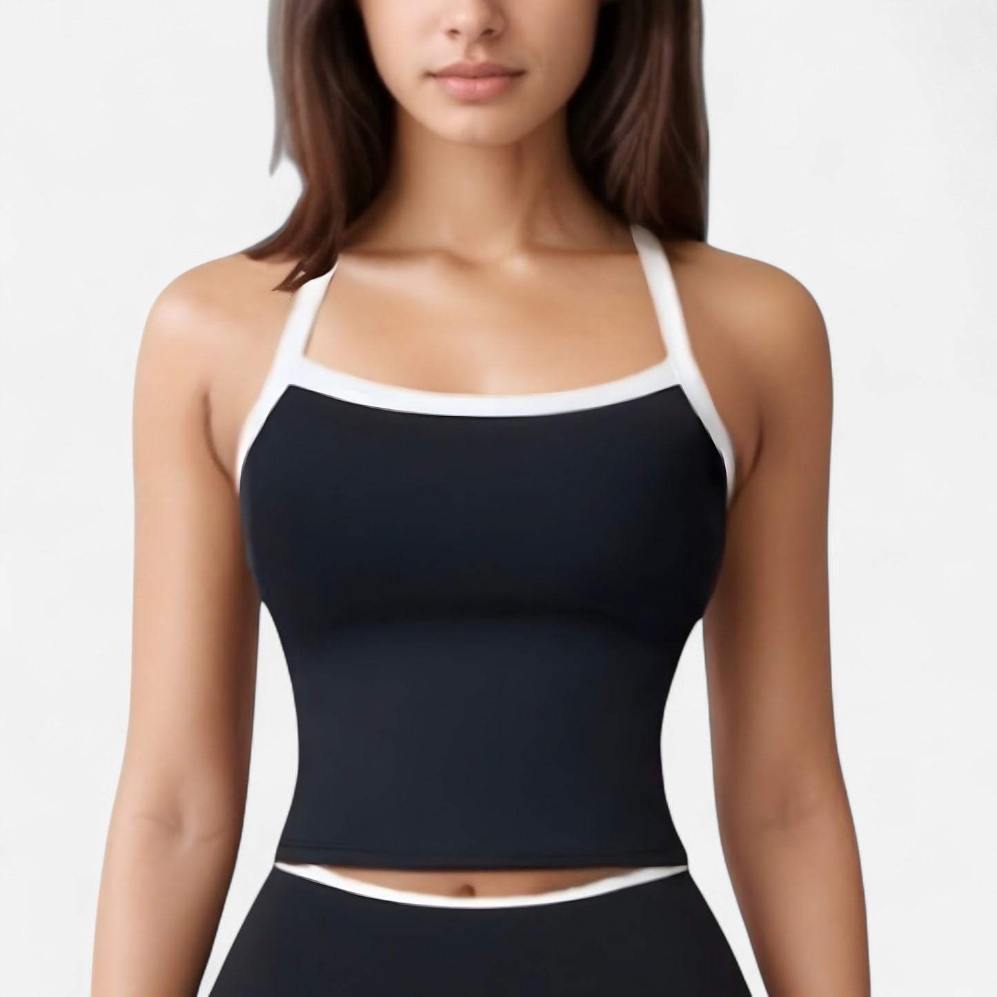 Square Neck Cropped Active Tank with Contrast Trim and Built-In Bra for Light Support