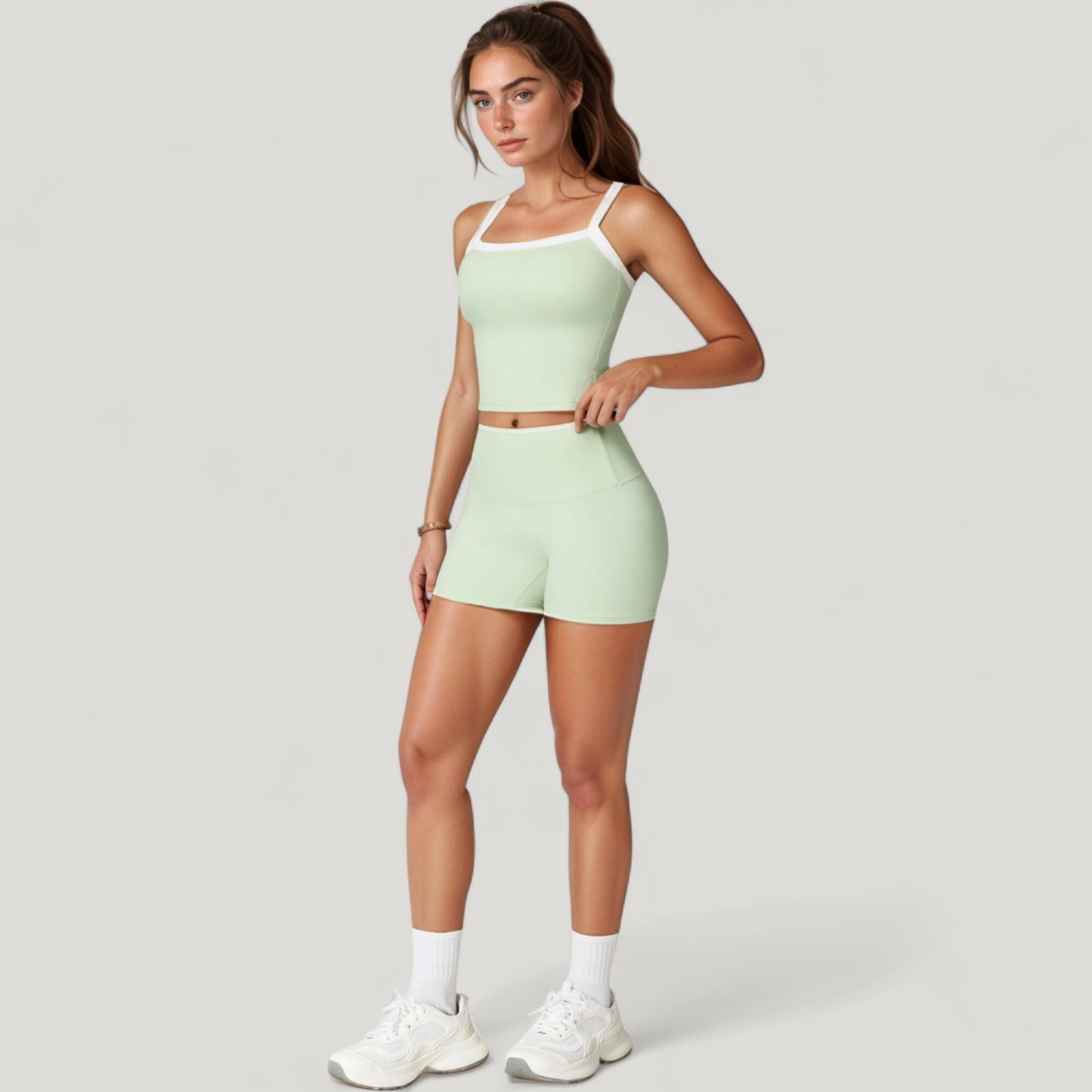Square Neck Cropped Active Tank with Contrast Trim and Built-In Bra for Light Support