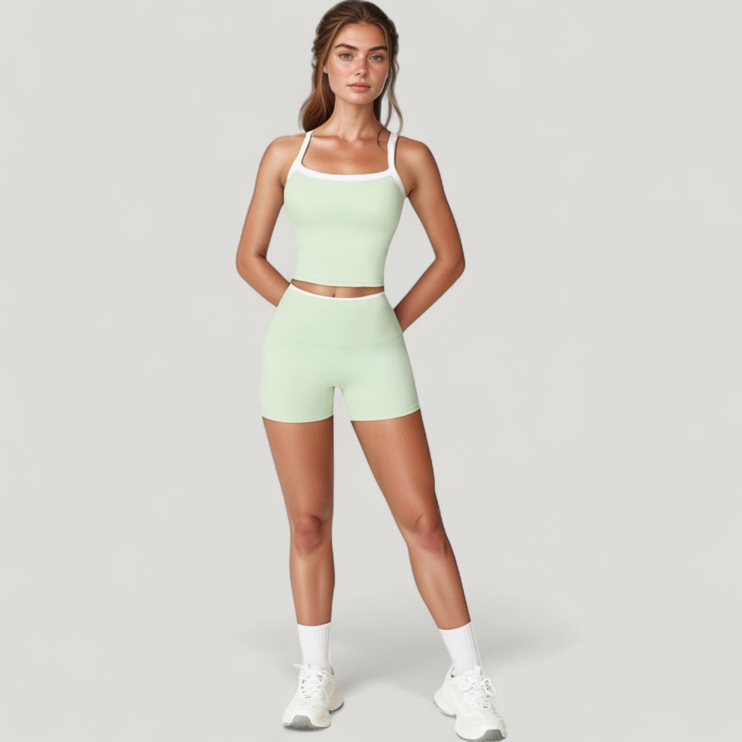 Square Neck Cropped Active Tank with Contrast Trim and Built-In Bra for Light Support