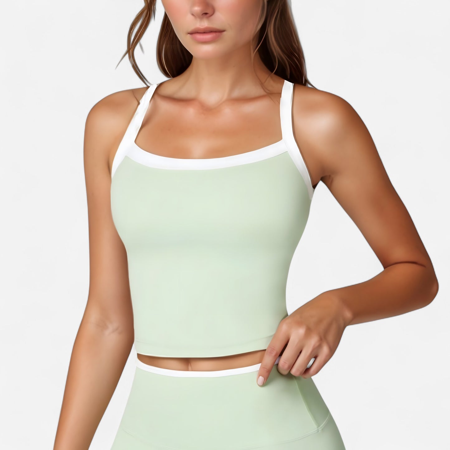 Square Neck Cropped Active Tank with Contrast Trim and Built-In Bra for Light Support