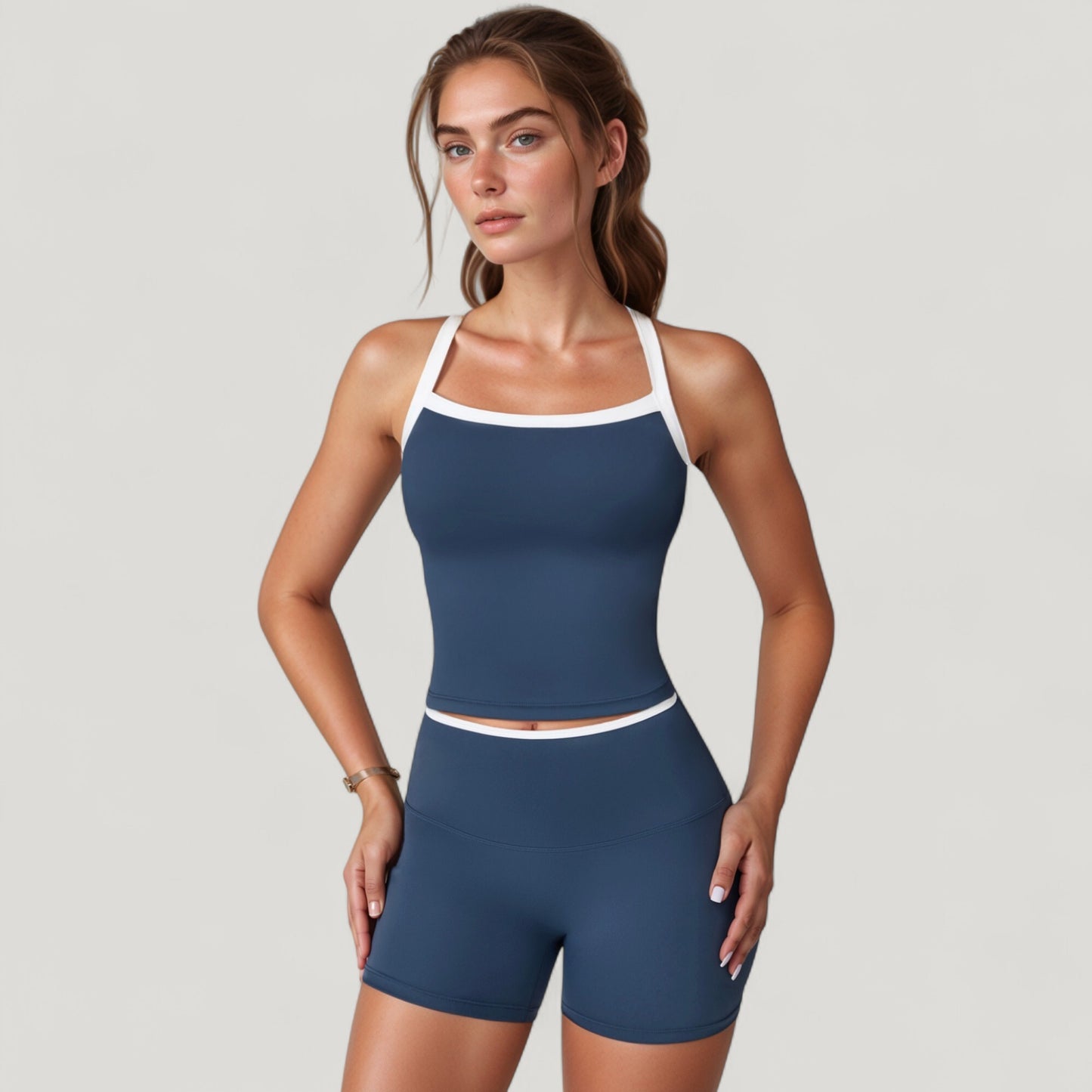 Square Neck Cropped Active Tank with Contrast Trim and Built-In Bra for Light Support