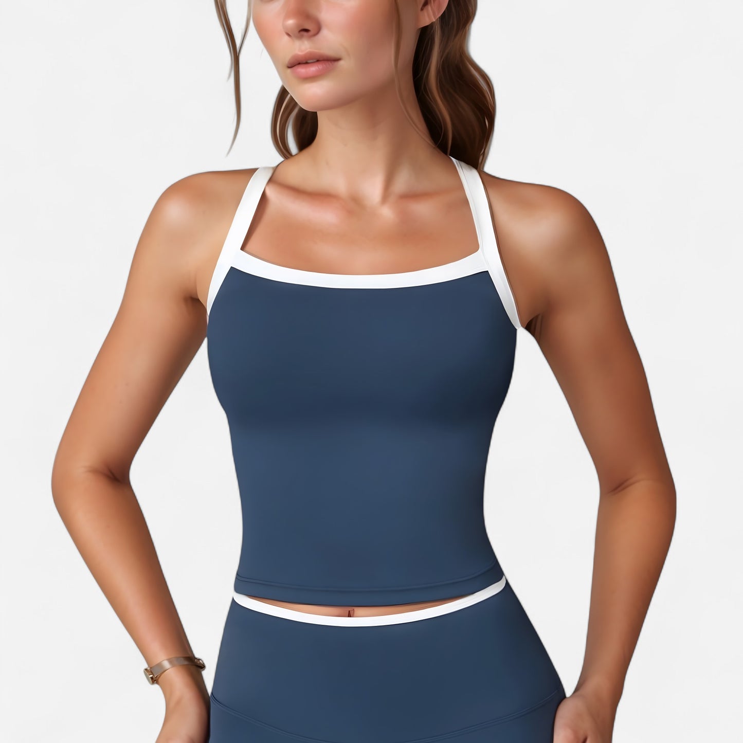 Square Neck Cropped Active Tank with Contrast Trim and Built-In Bra for Light Support