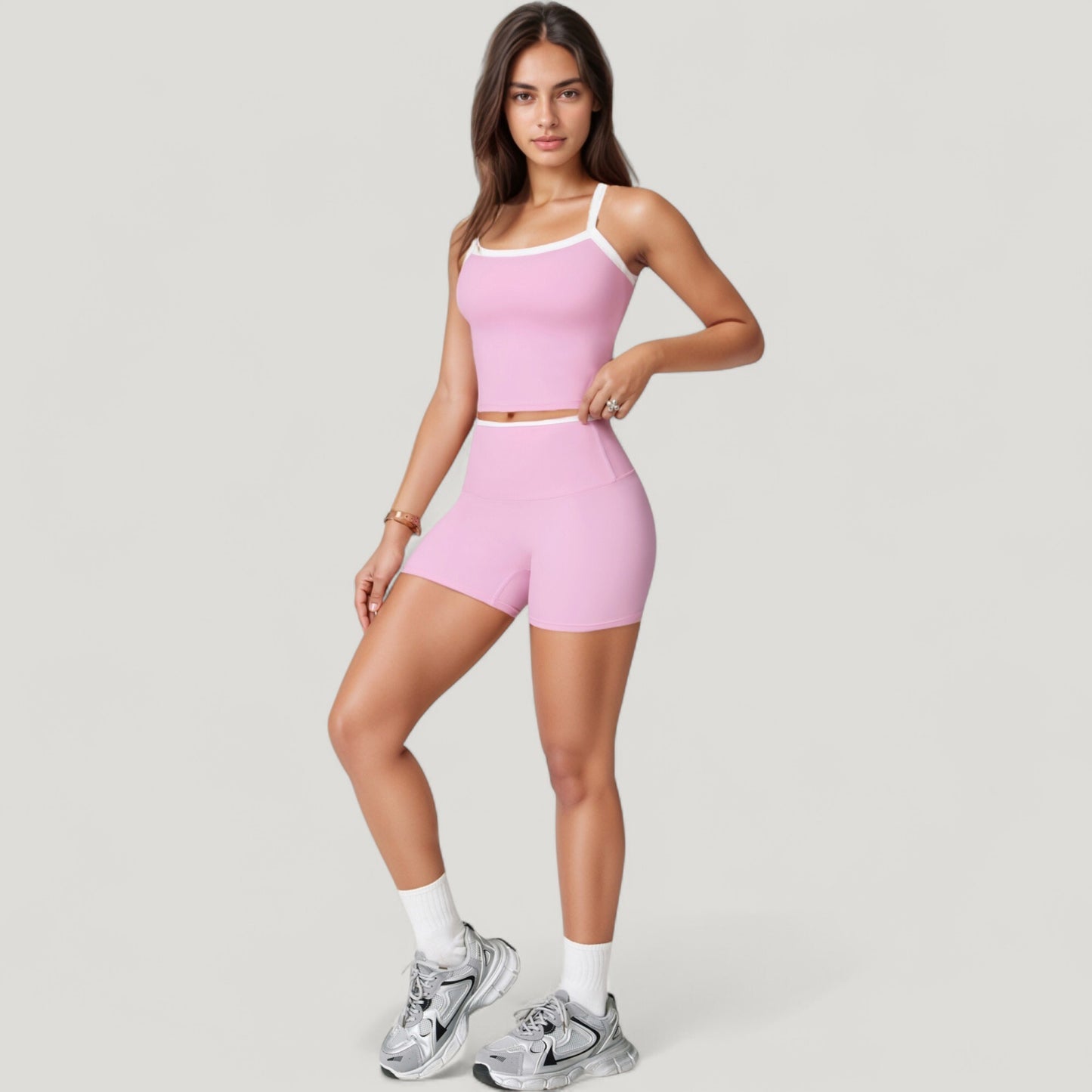 Square Neck Cropped Active Tank with Contrast Trim and Built-In Bra for Light Support
