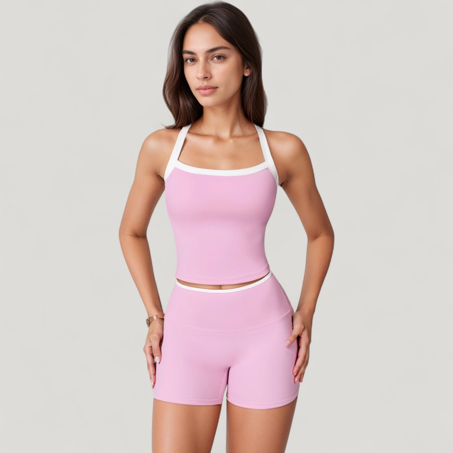 Square Neck Cropped Active Tank with Contrast Trim and Built-In Bra for Light Support