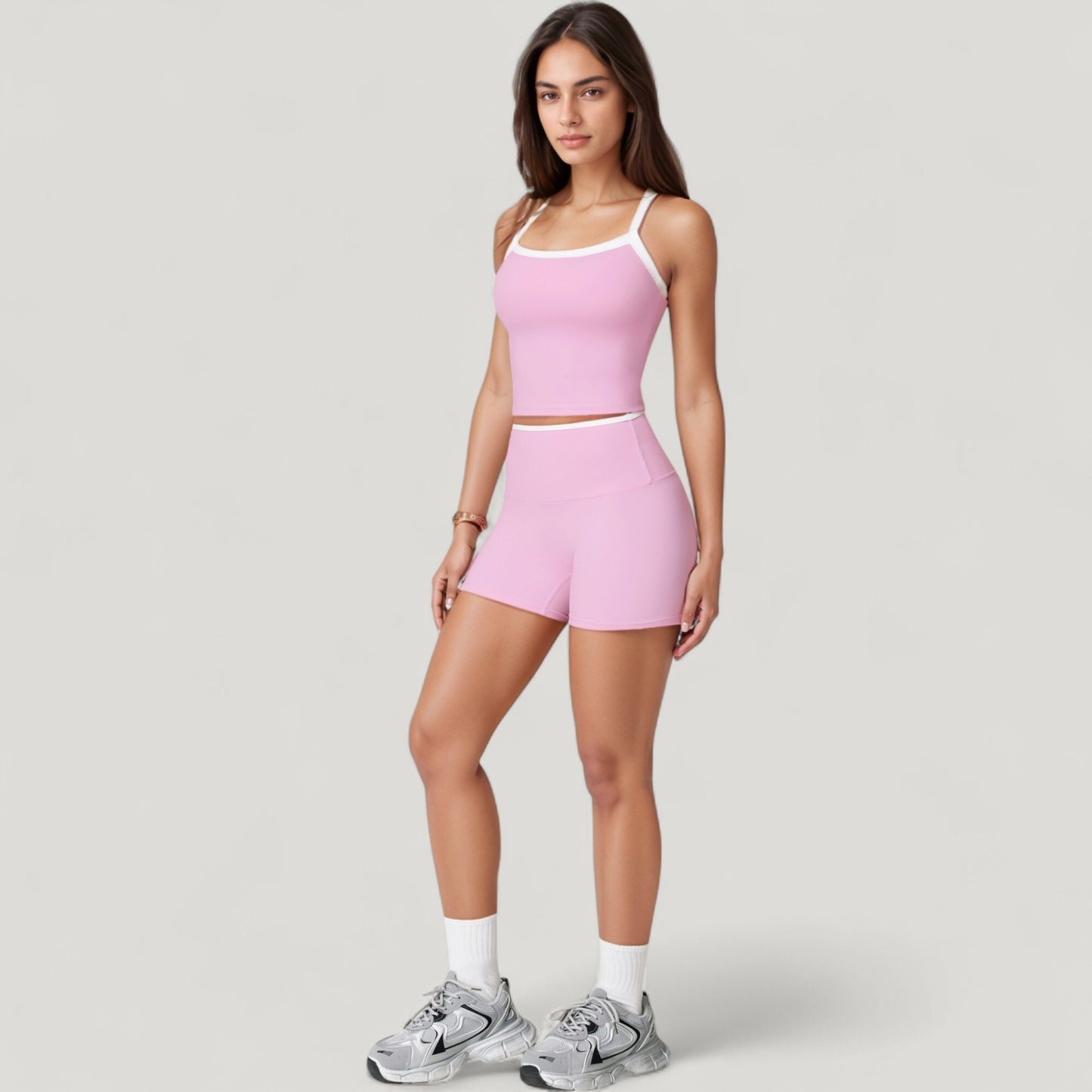 Square Neck Cropped Active Tank with Contrast Trim and Built-In Bra for Light Support