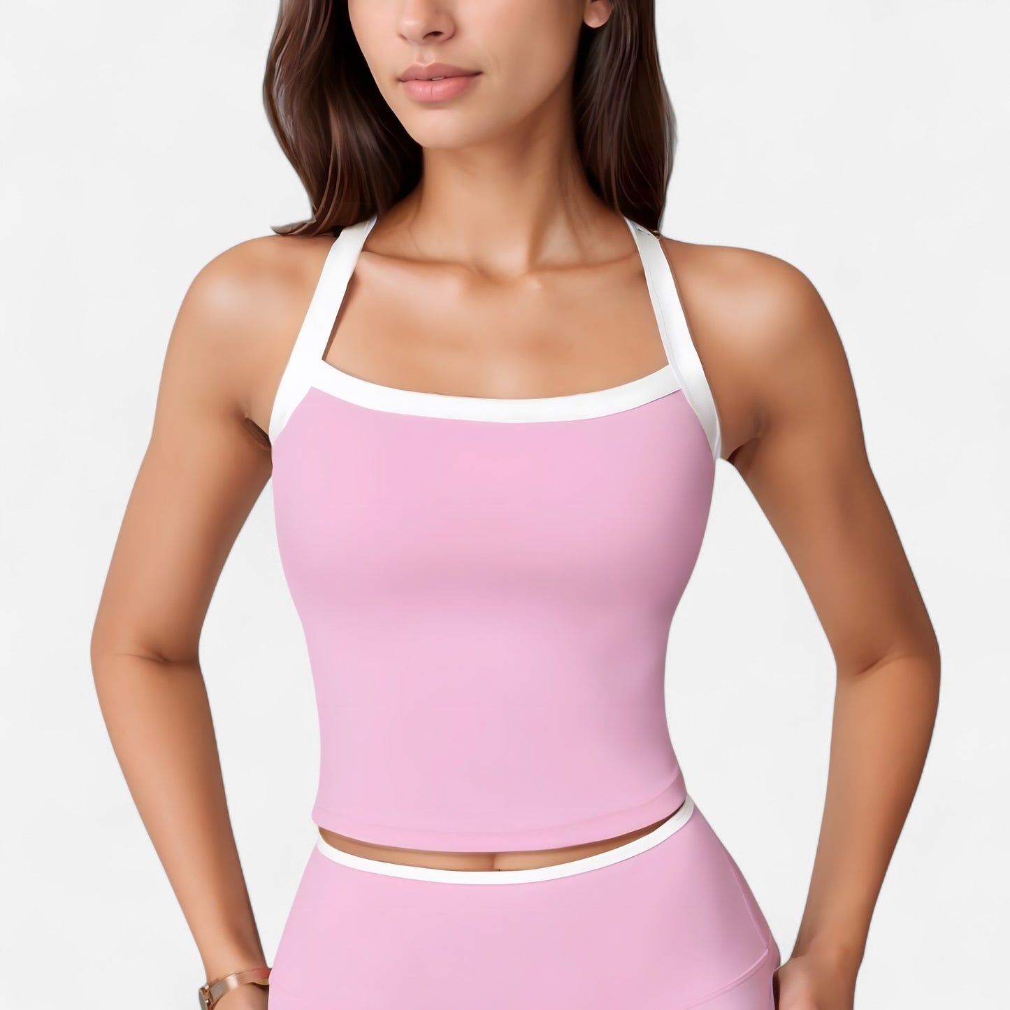 Square Neck Cropped Active Tank with Contrast Trim and Built-In Bra for Light Support