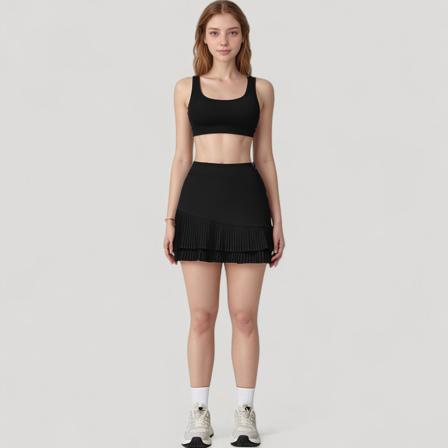 High Neck Crop Top with Scallop Trim Sleeveless Design and Seamless Finish Matching High Waist Leggings