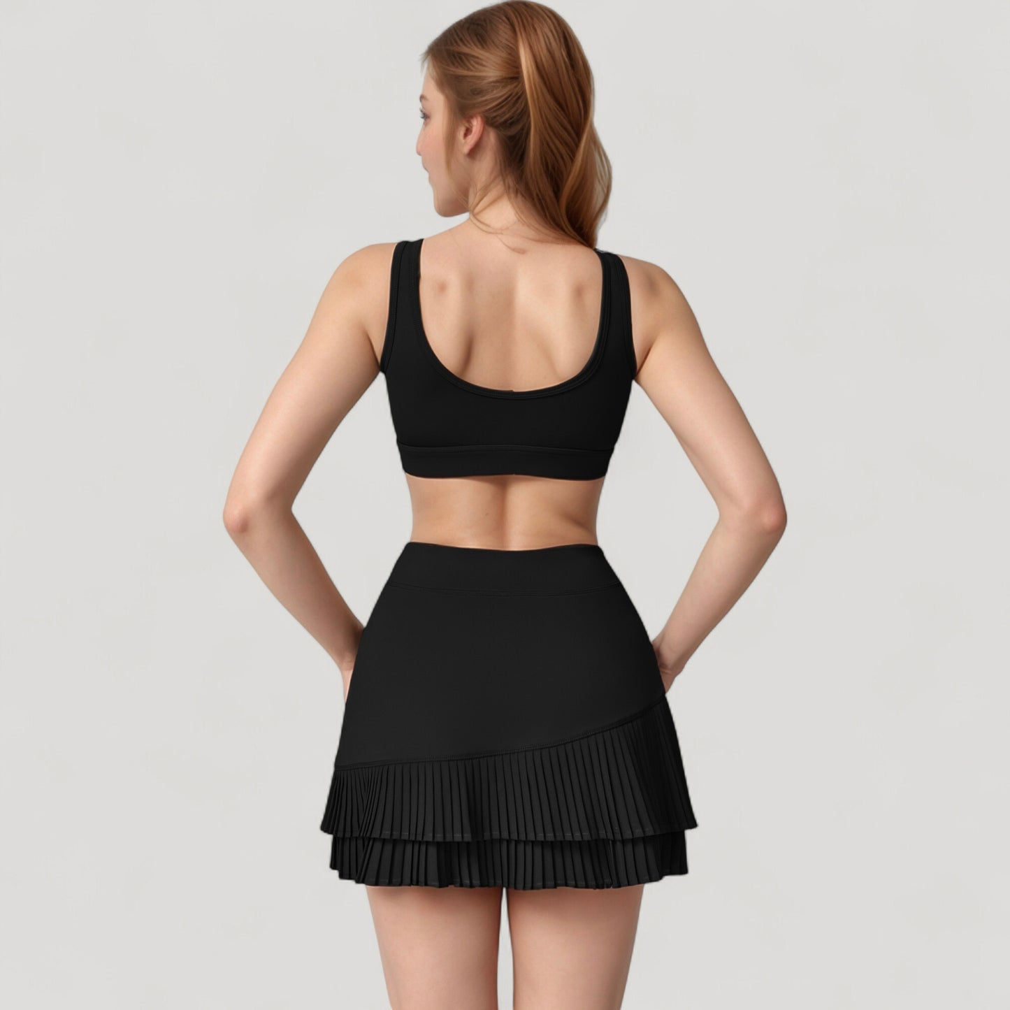 High Neck Crop Top with Scallop Trim Sleeveless Design and Seamless Finish Matching High Waist Leggings