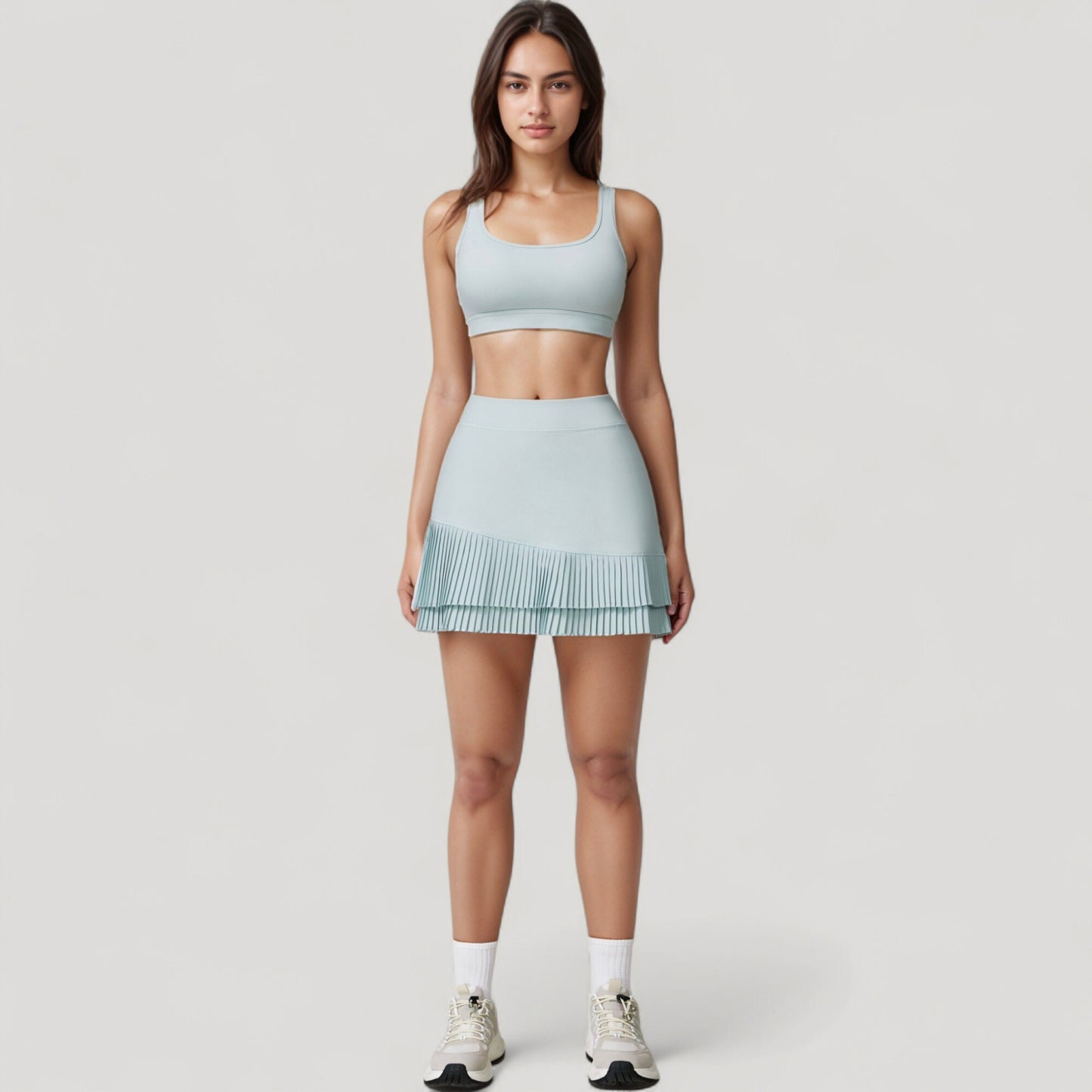 High Neck Crop Top with Scallop Trim Sleeveless Design and Seamless Finish Matching High Waist Leggings