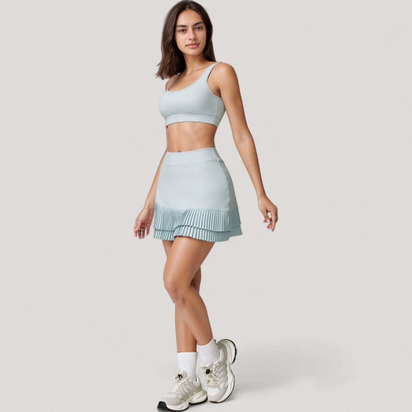 High Neck Crop Top with Scallop Trim Sleeveless Design and Seamless Finish Matching High Waist Leggings
