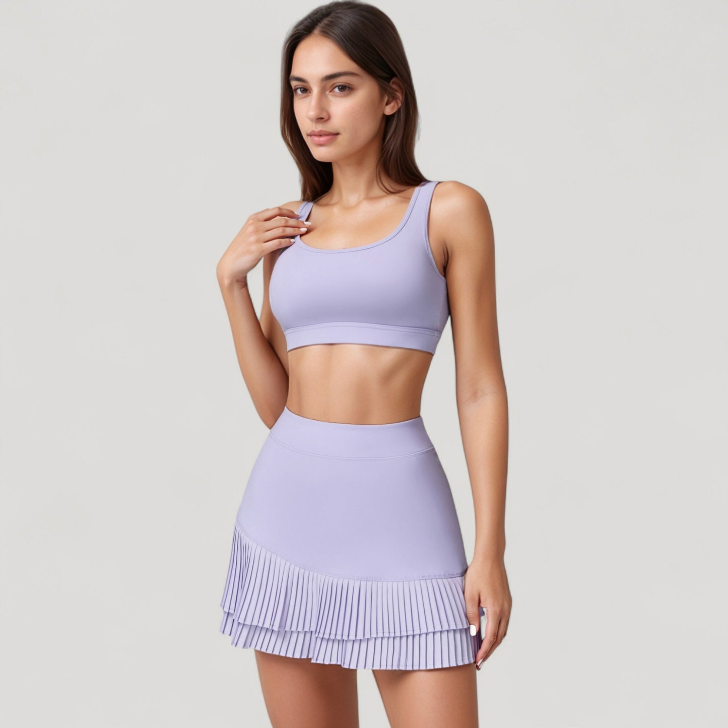 High Neck Crop Top with Scallop Trim Sleeveless Design and Seamless Finish Matching High Waist Leggings