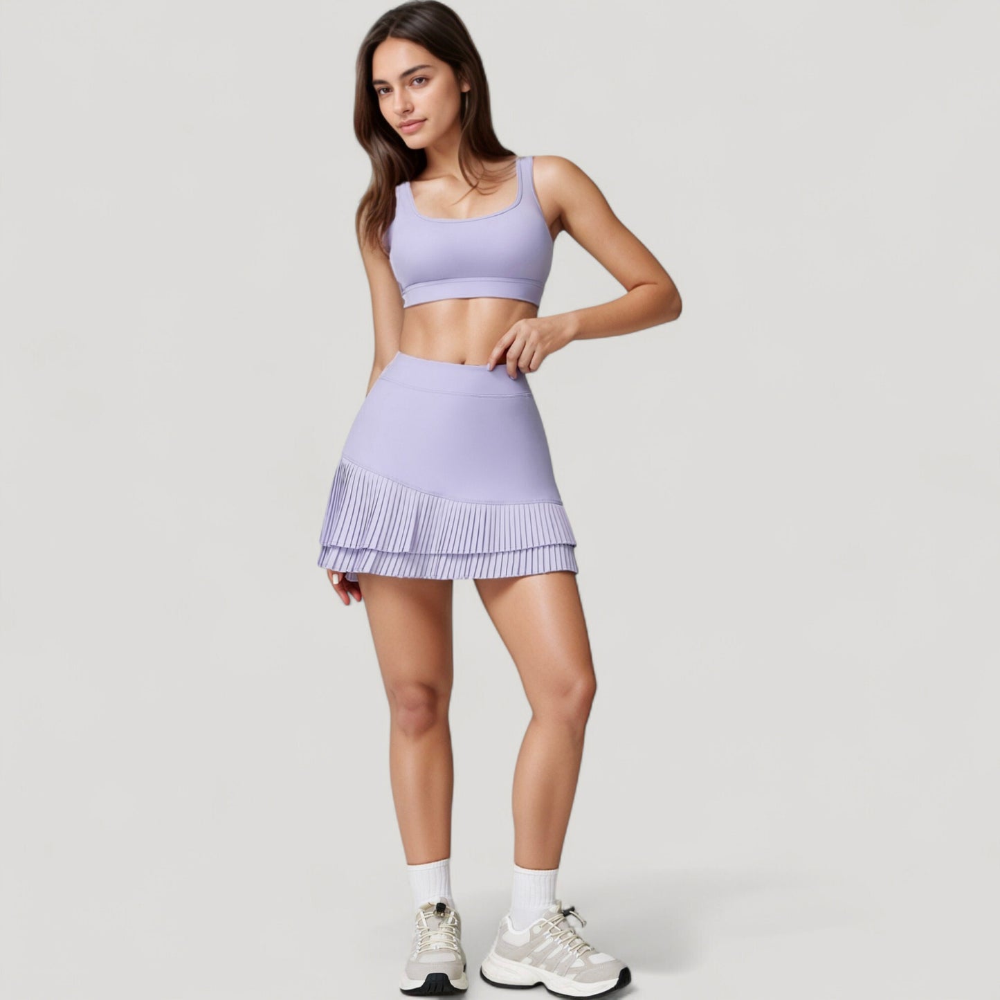 High Neck Crop Top with Scallop Trim Sleeveless Design and Seamless Finish Matching High Waist Leggings