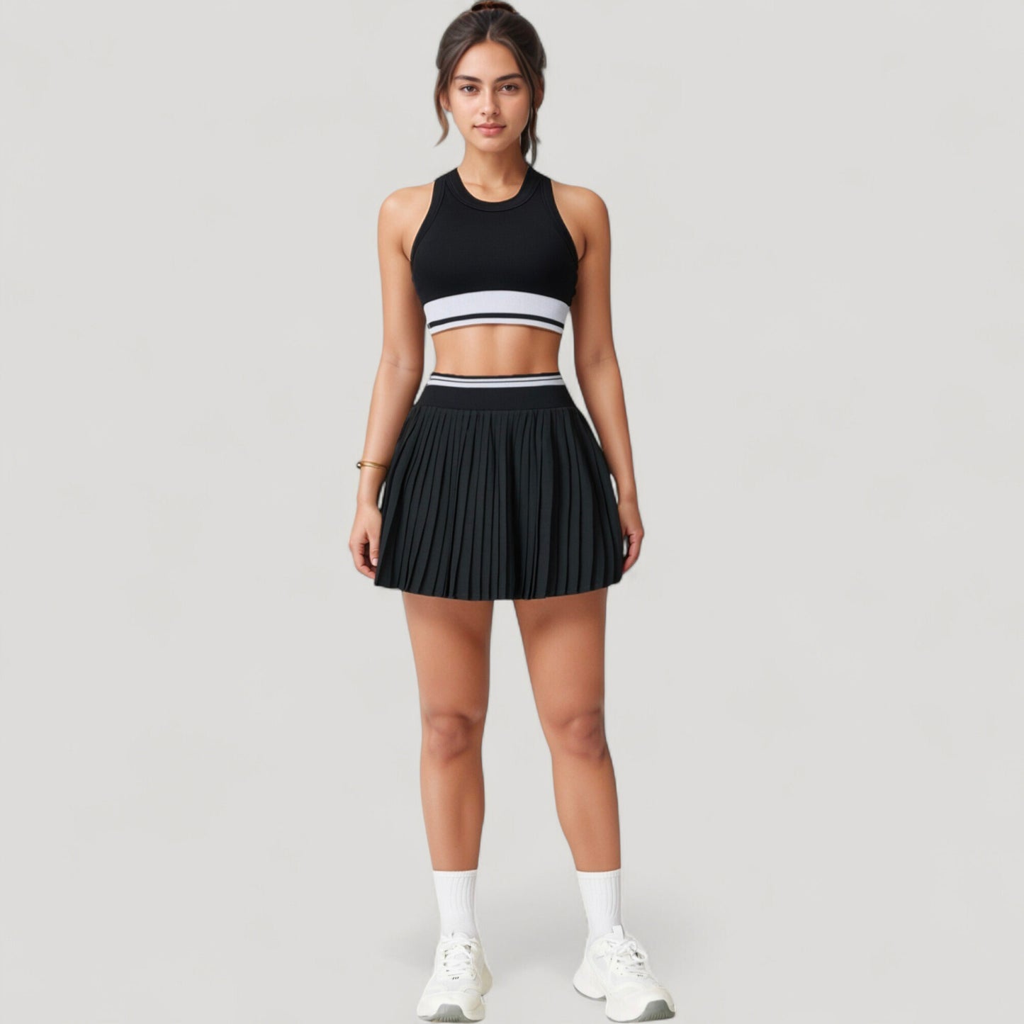 High Neck Crop Top with Contrast Stripe Hem and Fitted Athletic Design
