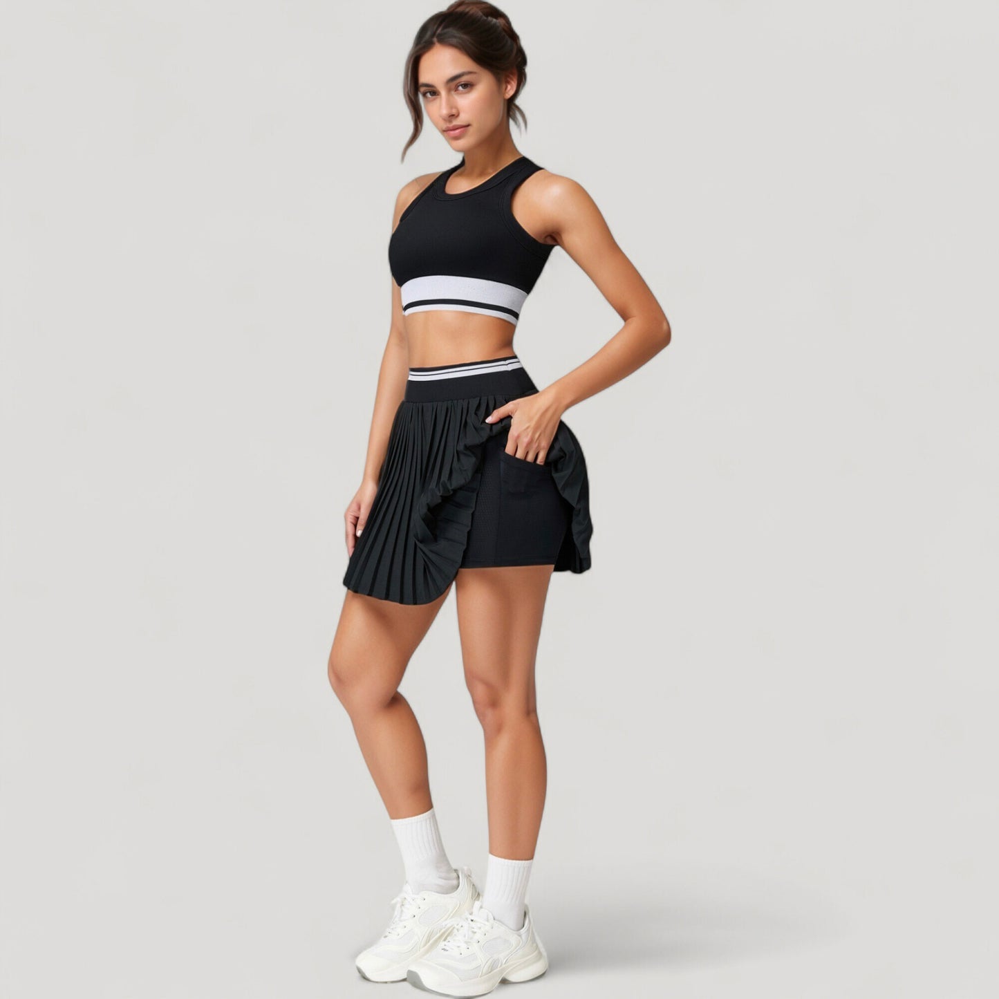 High Neck Crop Top with Contrast Stripe Hem and Fitted Athletic Design