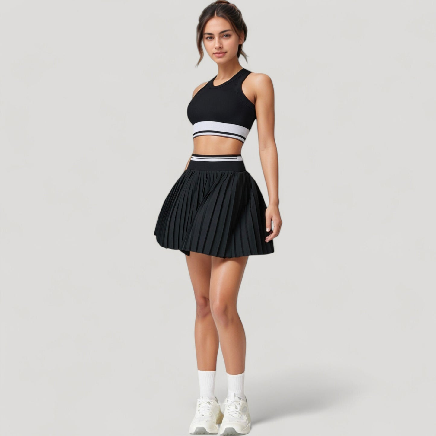 High Neck Crop Top with Contrast Stripe Hem and Fitted Athletic Design