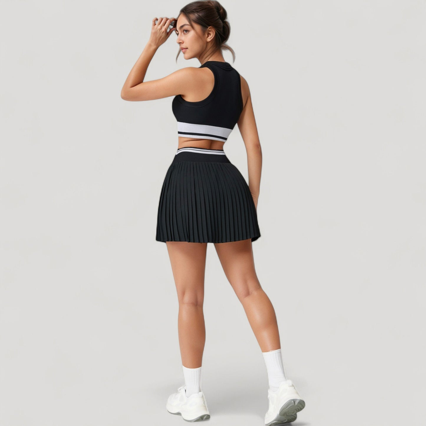 High Neck Crop Top with Contrast Stripe Hem and Fitted Athletic Design