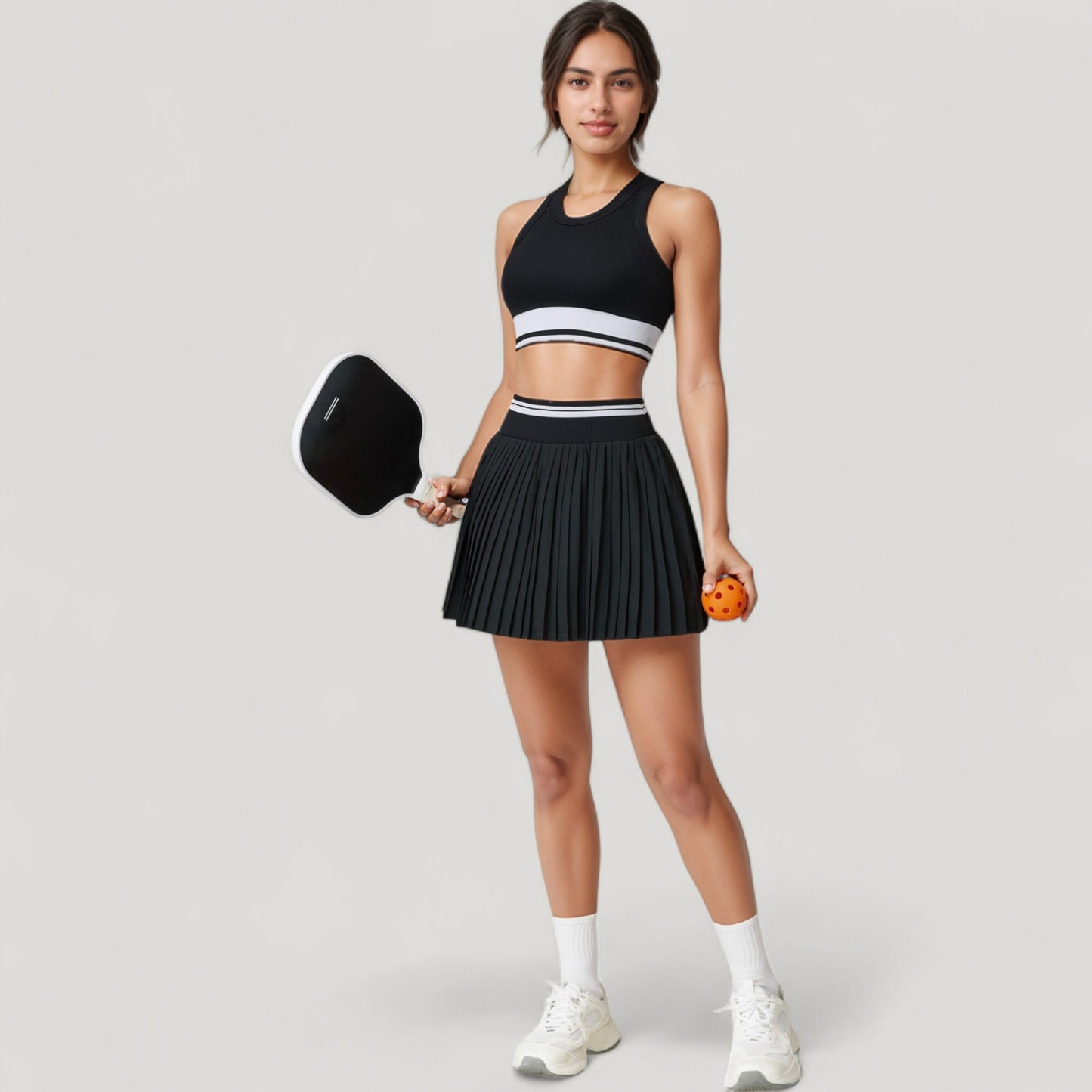 High Neck Crop Top with Contrast Stripe Hem and Fitted Athletic Design