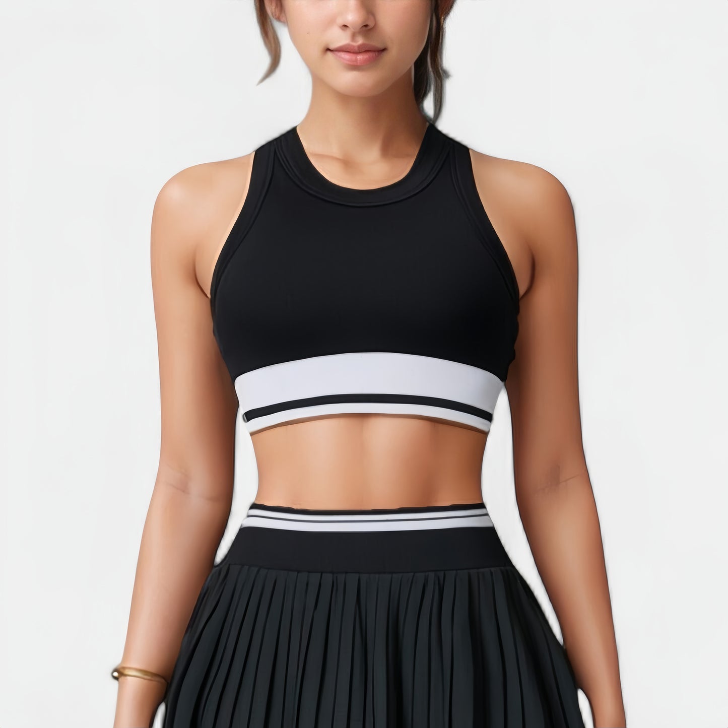 High Neck Crop Top with Contrast Stripe Hem and Fitted Athletic Design