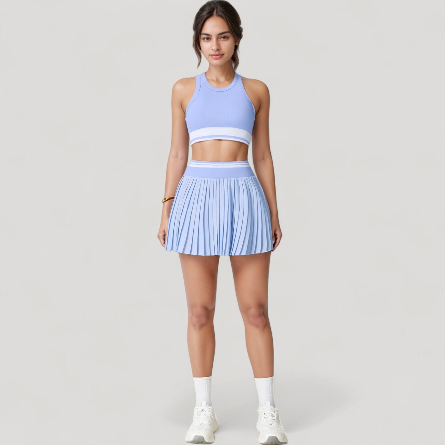 High Neck Crop Top with Contrast Stripe Hem and Fitted Athletic Design