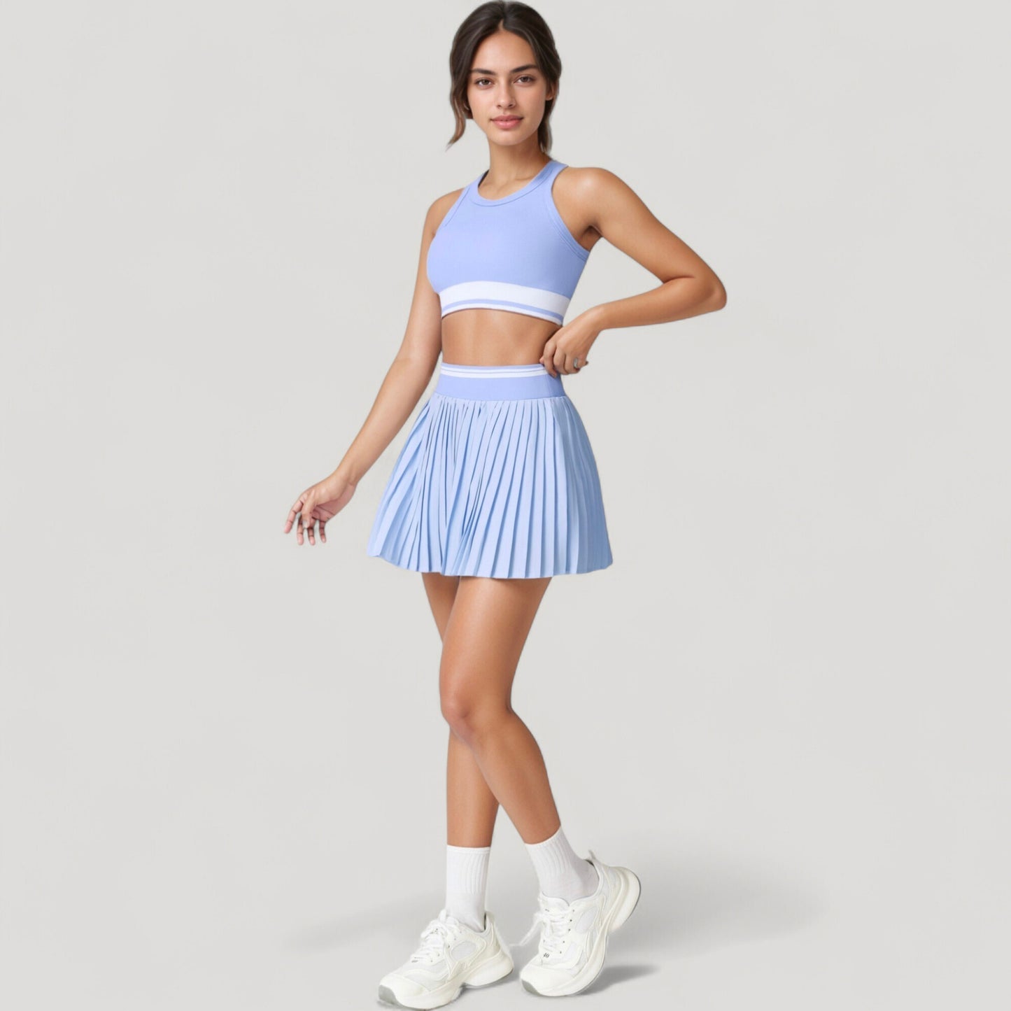 High Neck Crop Top with Contrast Stripe Hem and Fitted Athletic Design