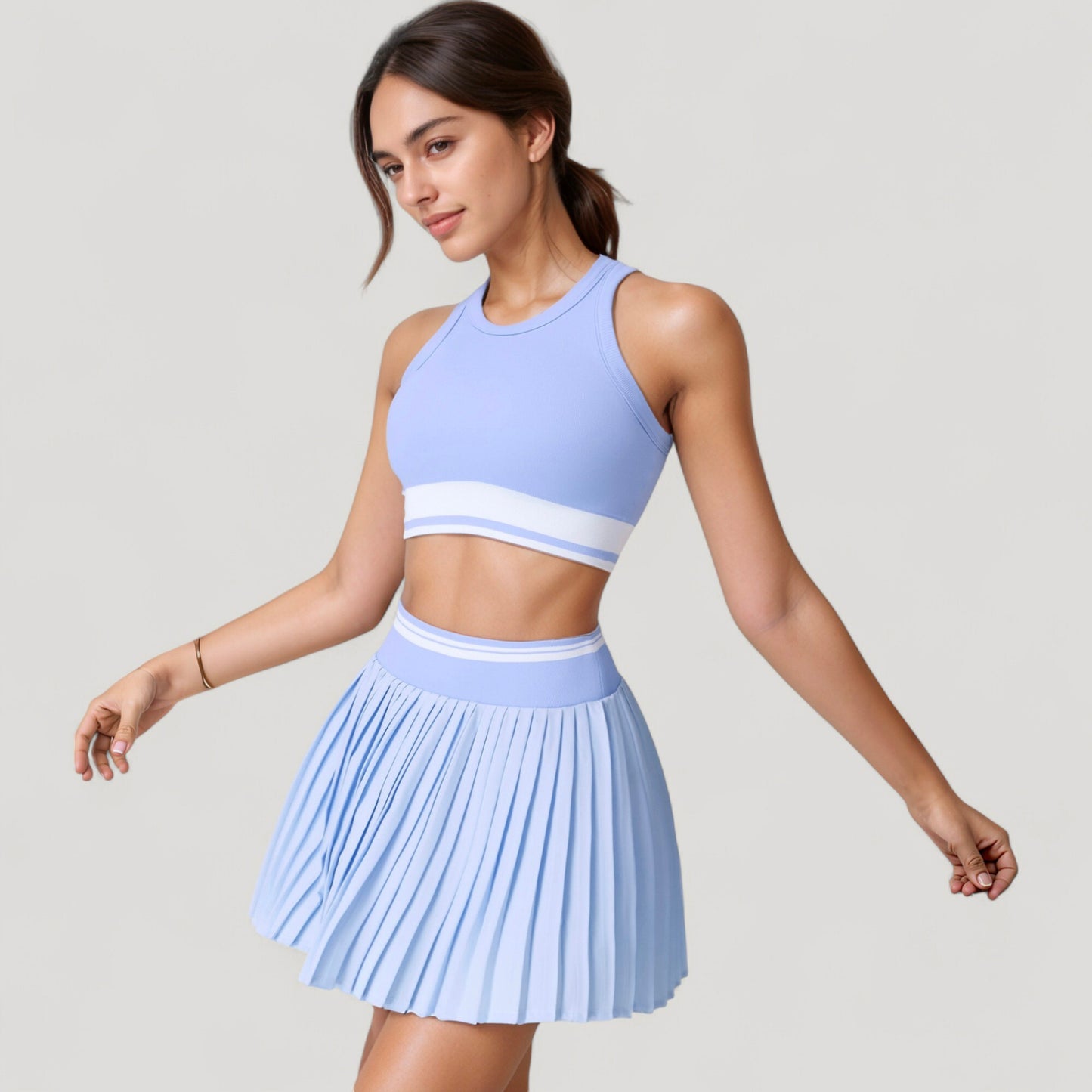 High Neck Crop Top with Contrast Stripe Hem and Fitted Athletic Design