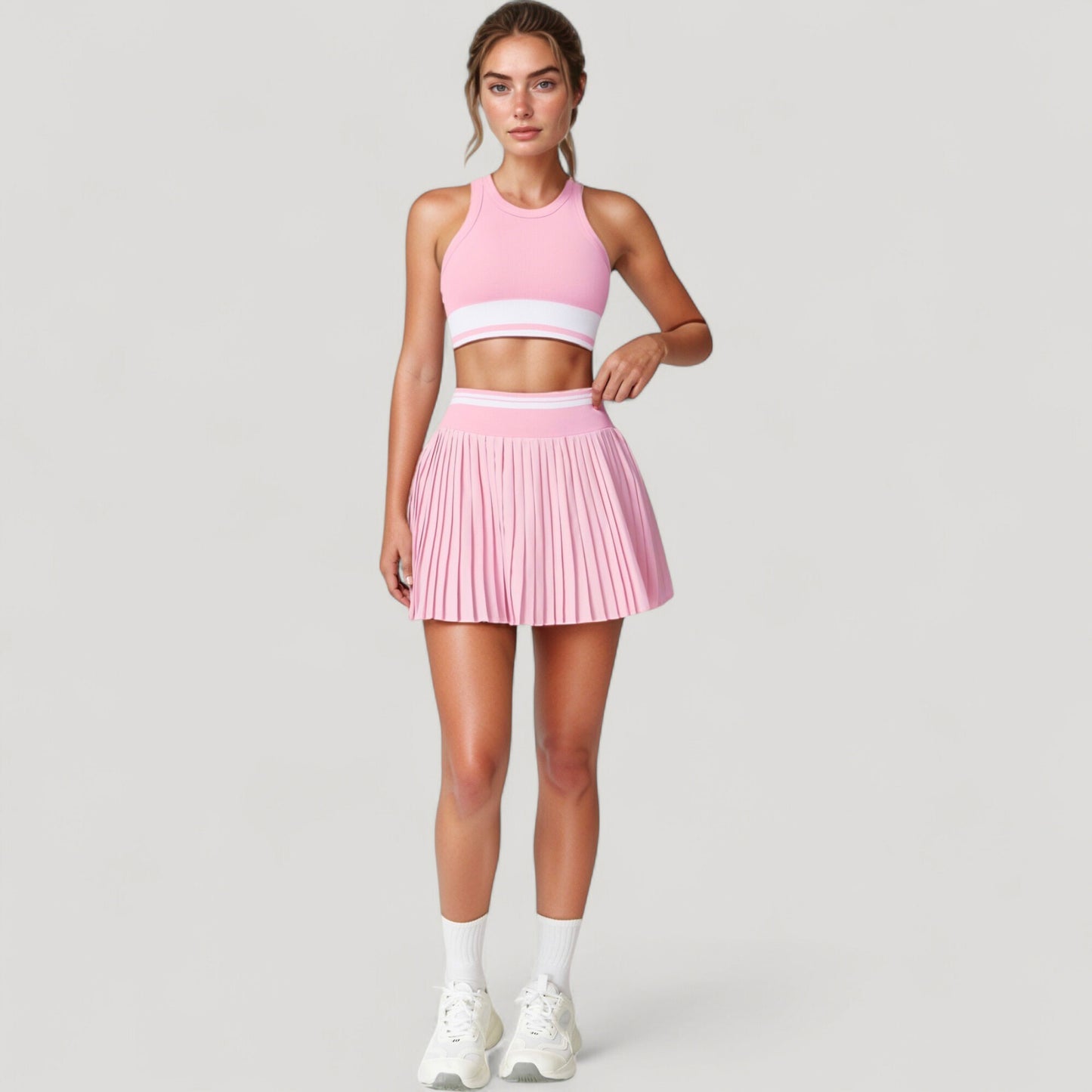 High Neck Crop Top with Contrast Stripe Hem and Fitted Athletic Design