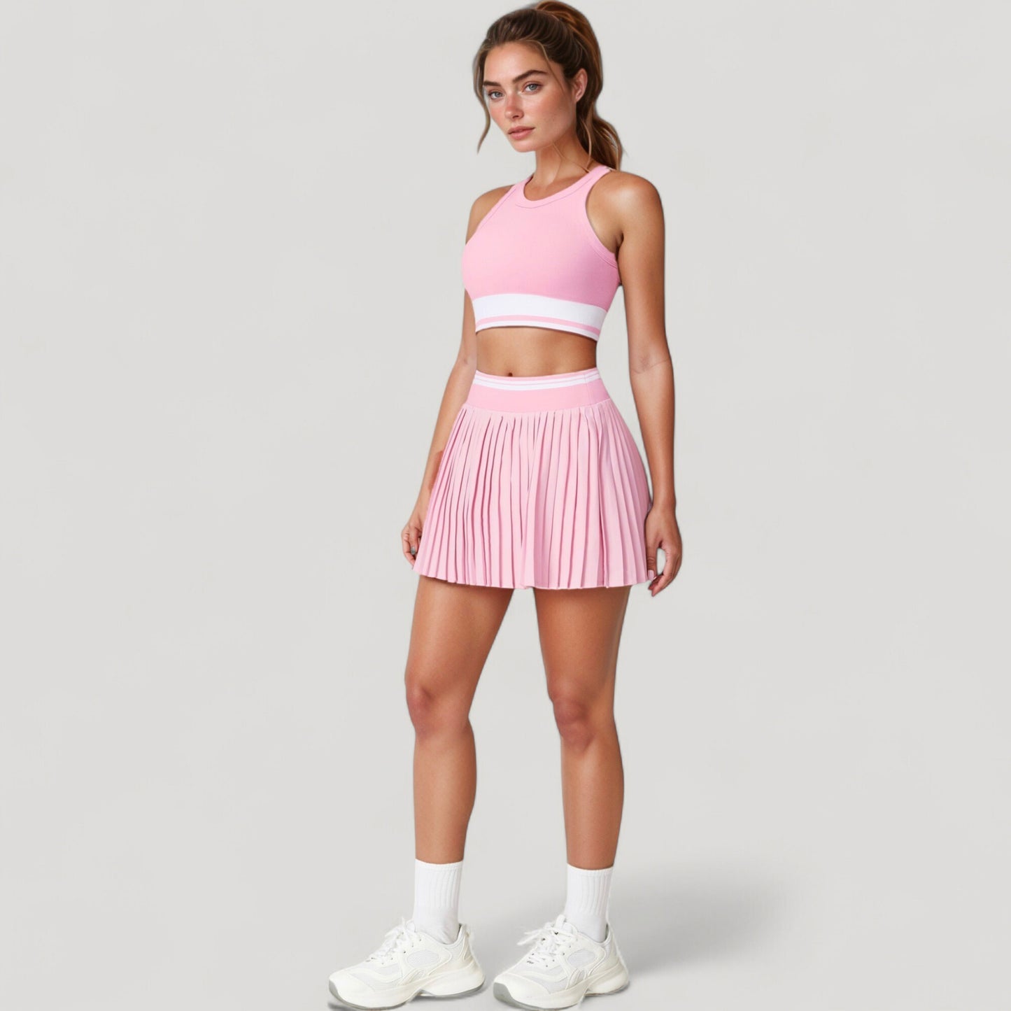 High Neck Crop Top with Contrast Stripe Hem and Fitted Athletic Design
