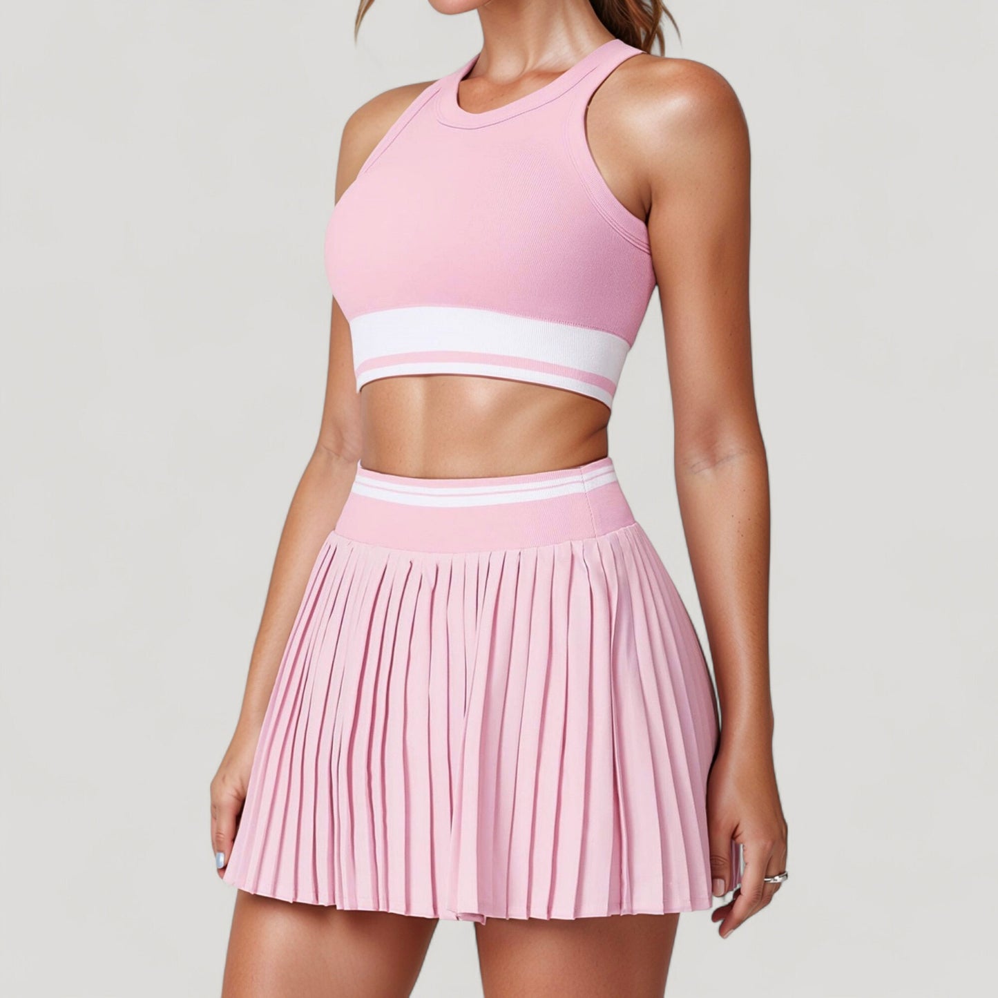 High Neck Crop Top with Contrast Stripe Hem and Fitted Athletic Design