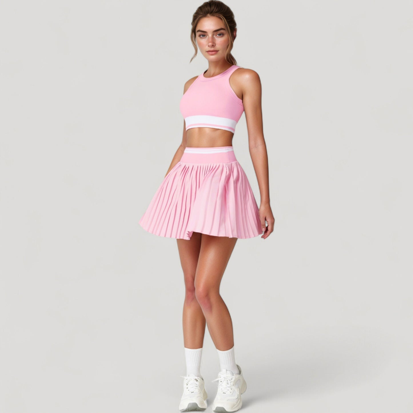 High Neck Crop Top with Contrast Stripe Hem and Fitted Athletic Design