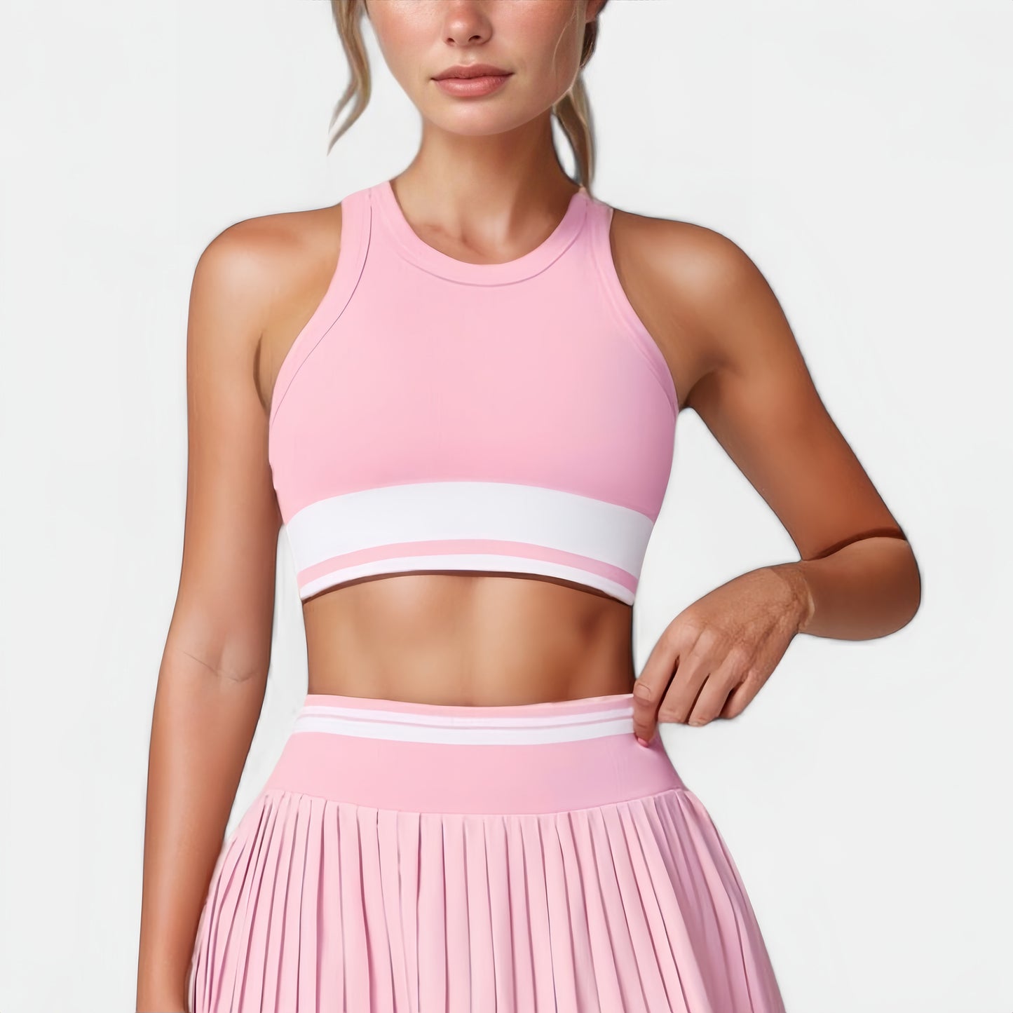 High Neck Crop Top with Contrast Stripe Hem and Fitted Athletic Design