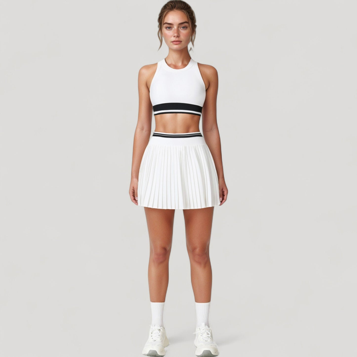 High Neck Crop Top with Contrast Stripe Hem and Fitted Athletic Design