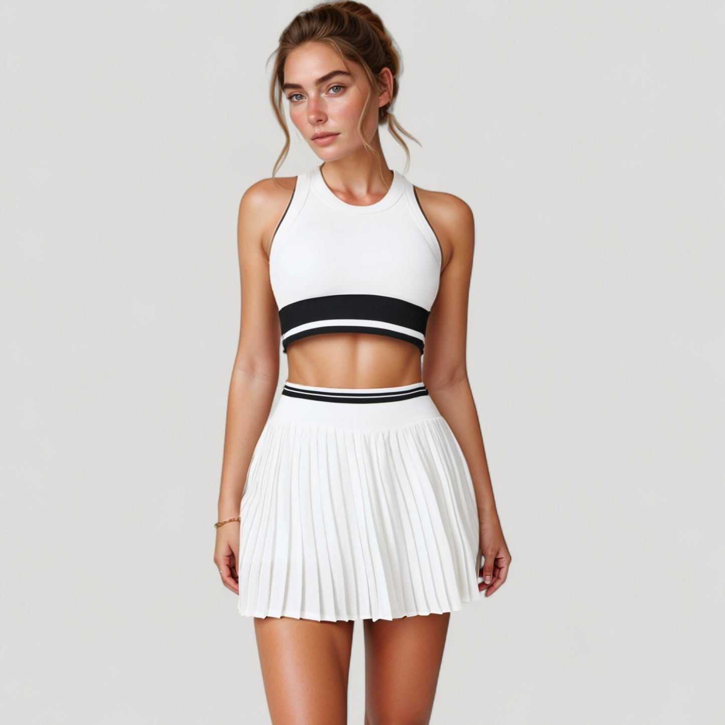 High Neck Crop Top with Contrast Stripe Hem and Fitted Athletic Design