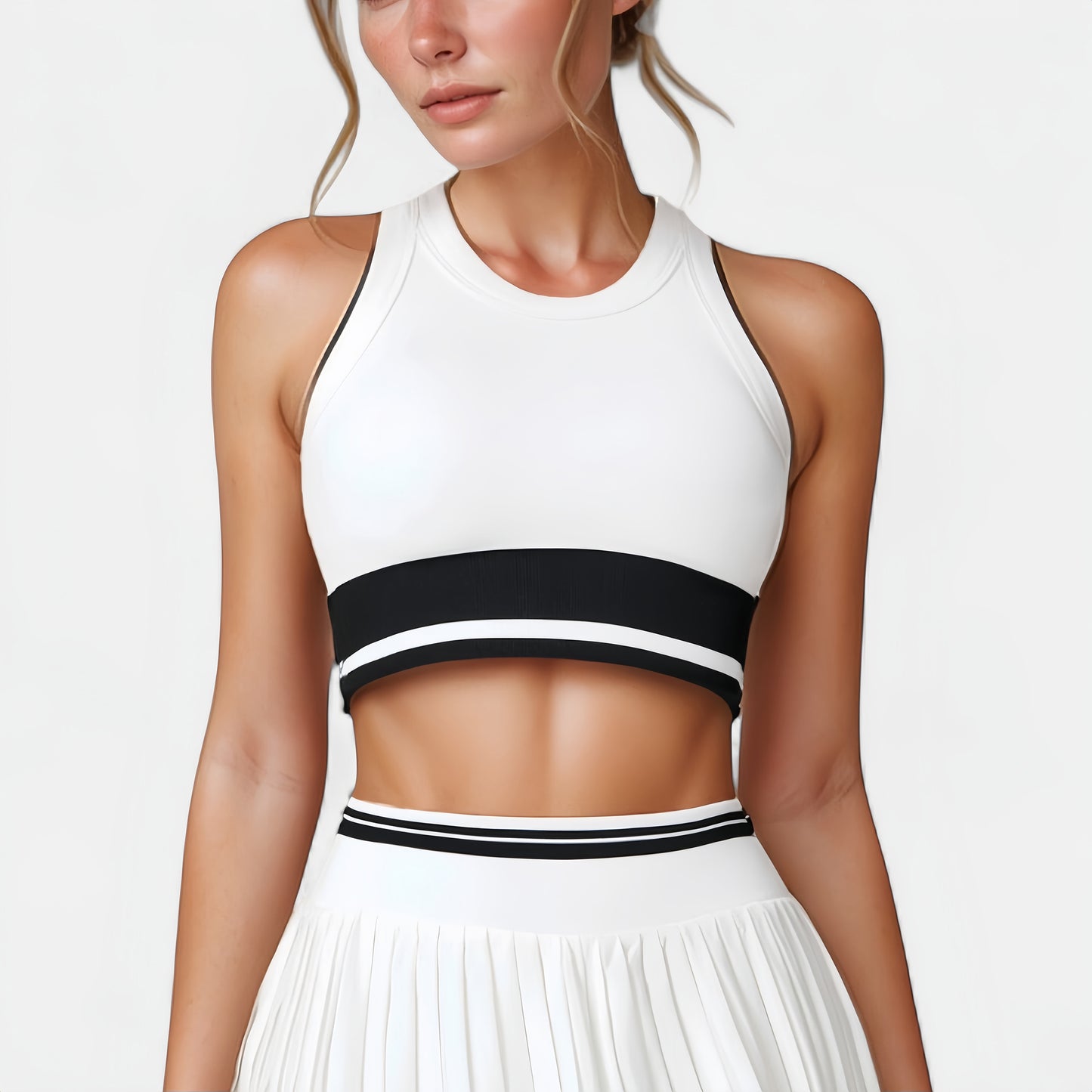 High Neck Crop Top with Contrast Stripe Hem and Fitted Athletic Design