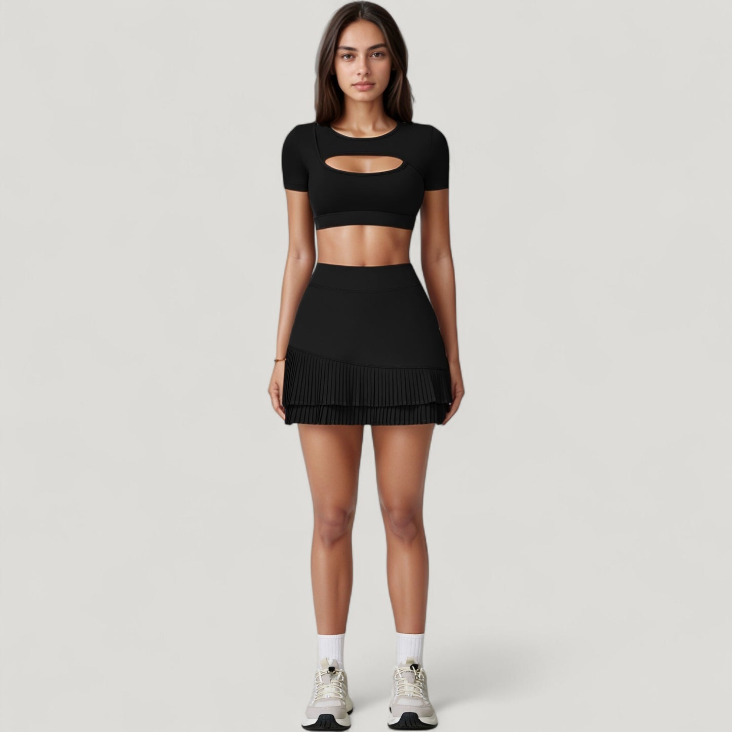 Short Sleeve Cropped Active Top with Keyhole Front Cutout and Built-In Bra for Medium Support