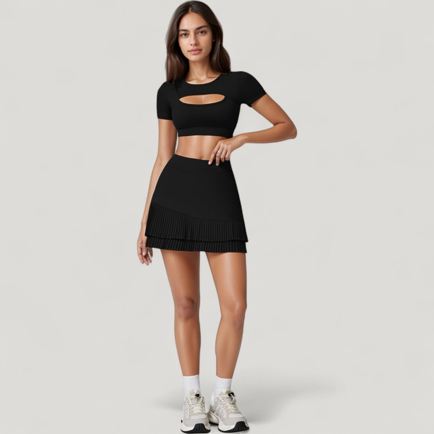 Short Sleeve Cropped Active Top with Keyhole Front Cutout and Built-In Bra for Medium Support