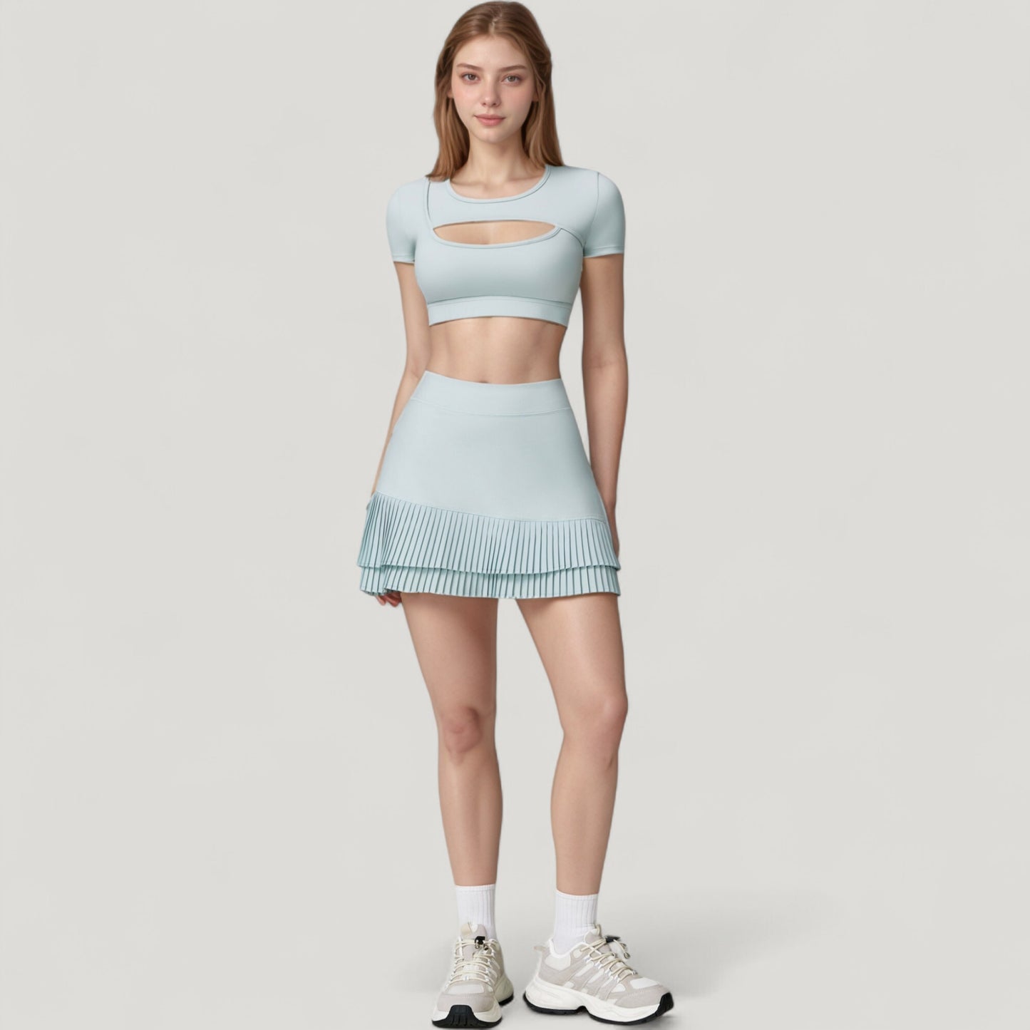 Short Sleeve Cropped Active Top with Keyhole Front Cutout and Built-In Bra for Medium Support