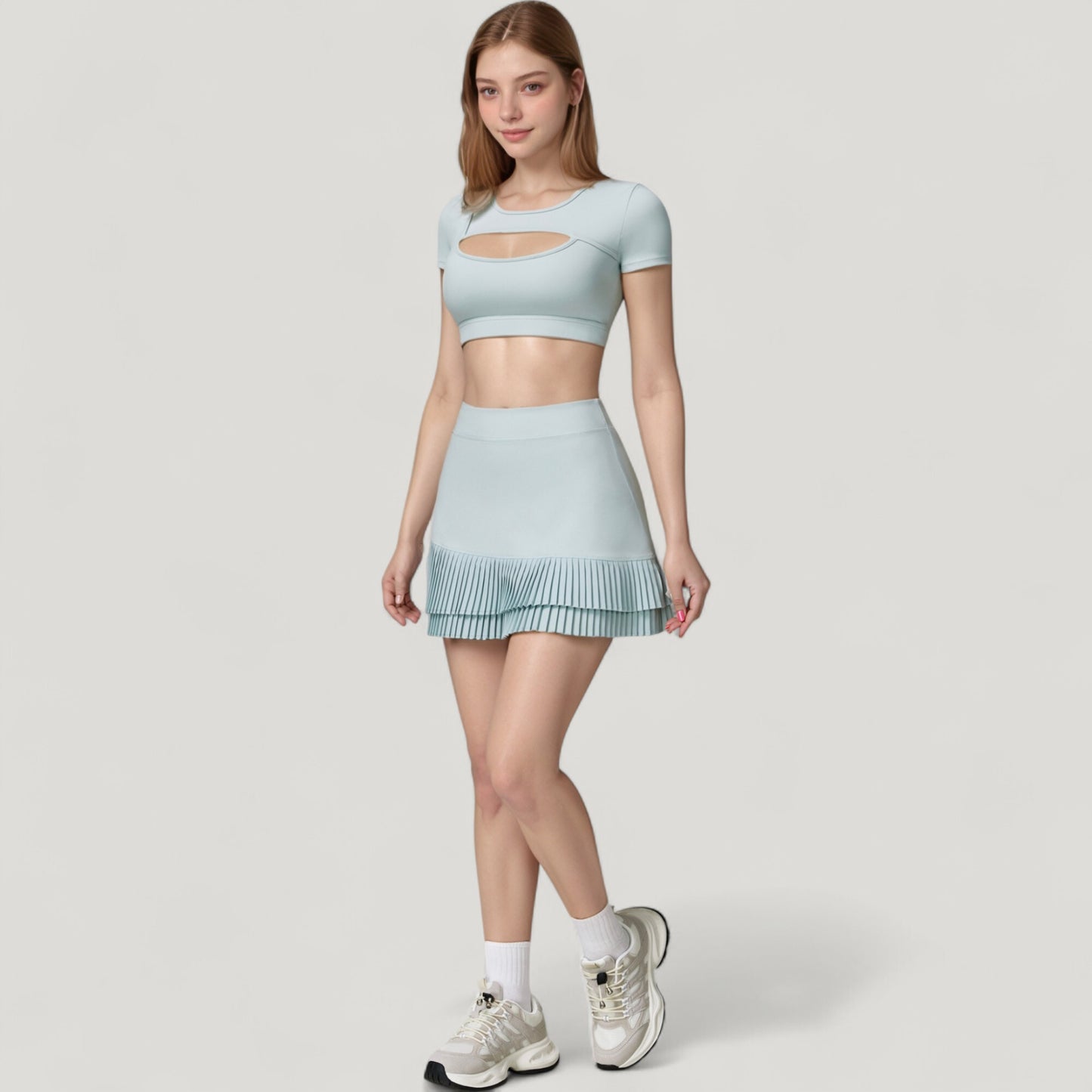 Short Sleeve Cropped Active Top with Keyhole Front Cutout and Built-In Bra for Medium Support