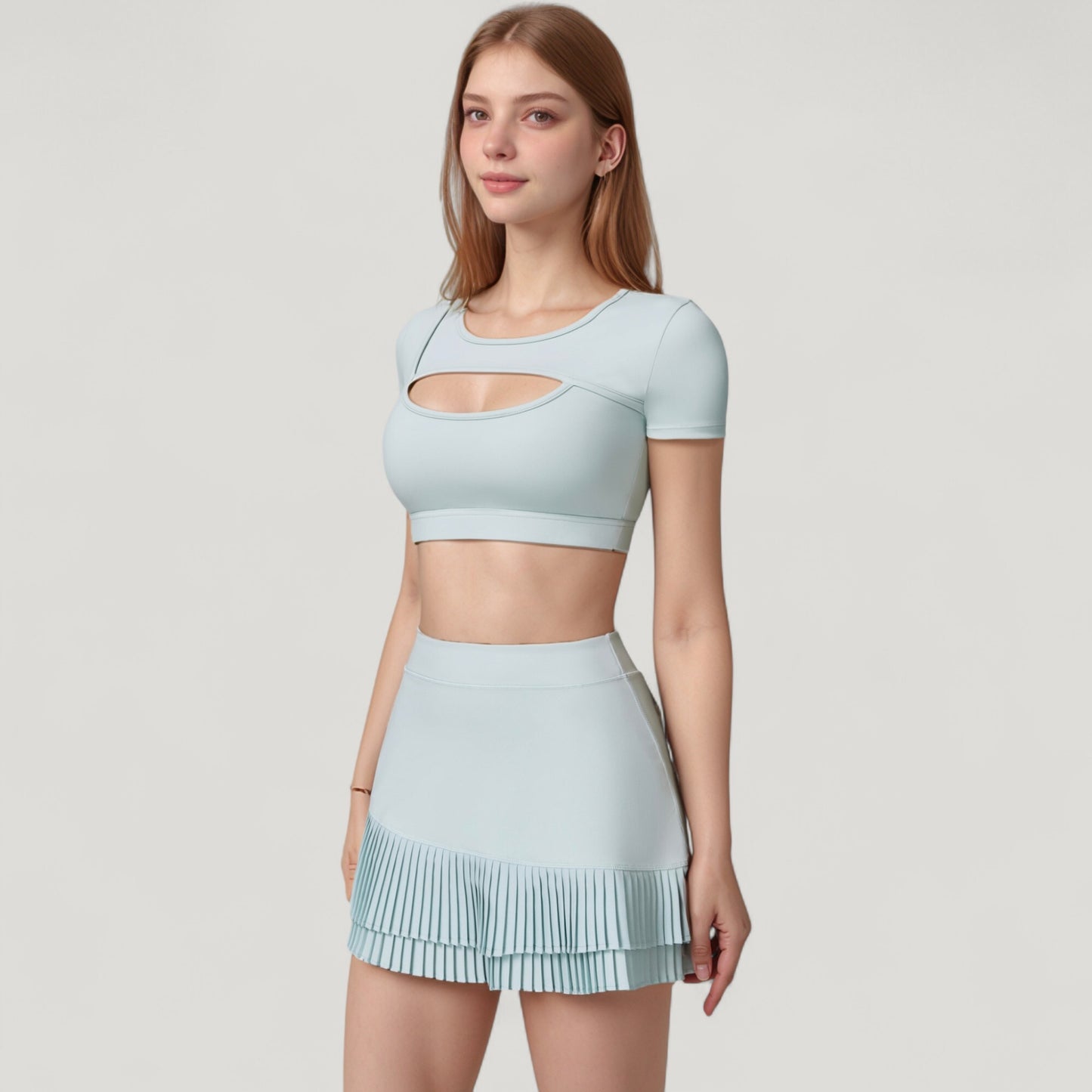 Short Sleeve Cropped Active Top with Keyhole Front Cutout and Built-In Bra for Medium Support