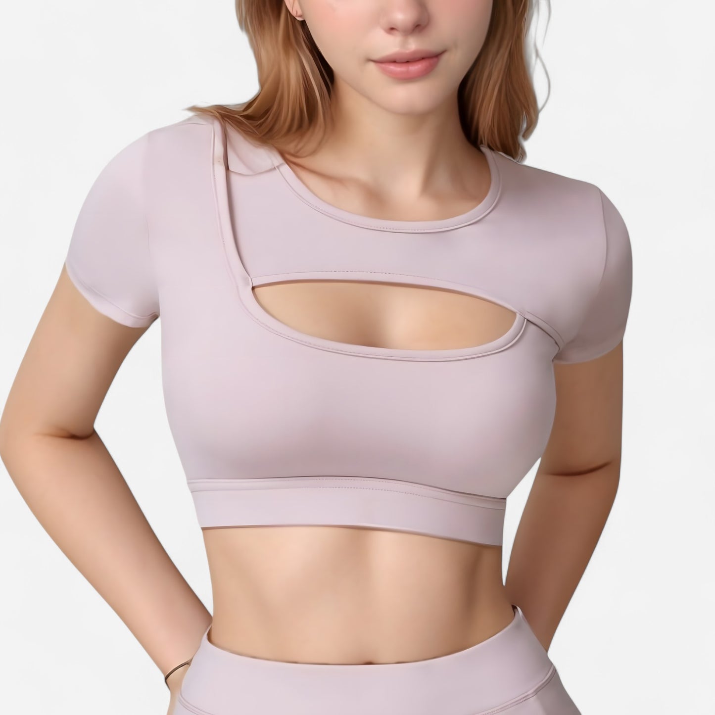 Short Sleeve Cropped Active Top with Keyhole Front Cutout and Built-In Bra for Medium Support