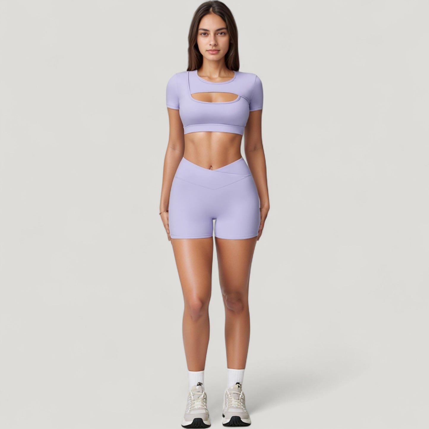 Short Sleeve Cropped Active Top with Keyhole Front Cutout and Built-In Bra for Medium Support