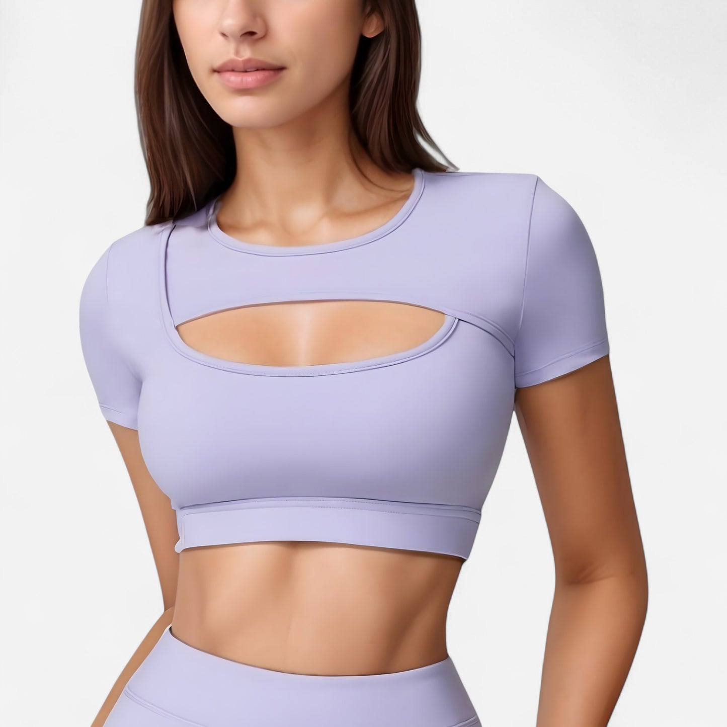 Short Sleeve Cropped Active Top with Keyhole Front Cutout and Built-In Bra for Medium Support