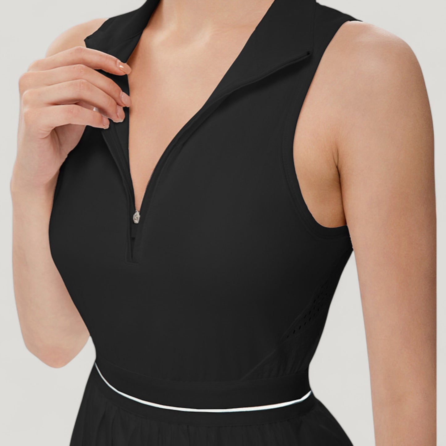 Sleeveless Zip Front High Neck Tennis Dress with Pleated Skirt and Contrast Waist Trim
