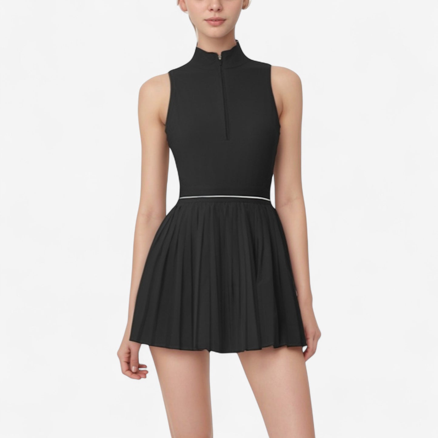 Sleeveless Zip Front High Neck Tennis Dress with Pleated Skirt and Contrast Waist Trim