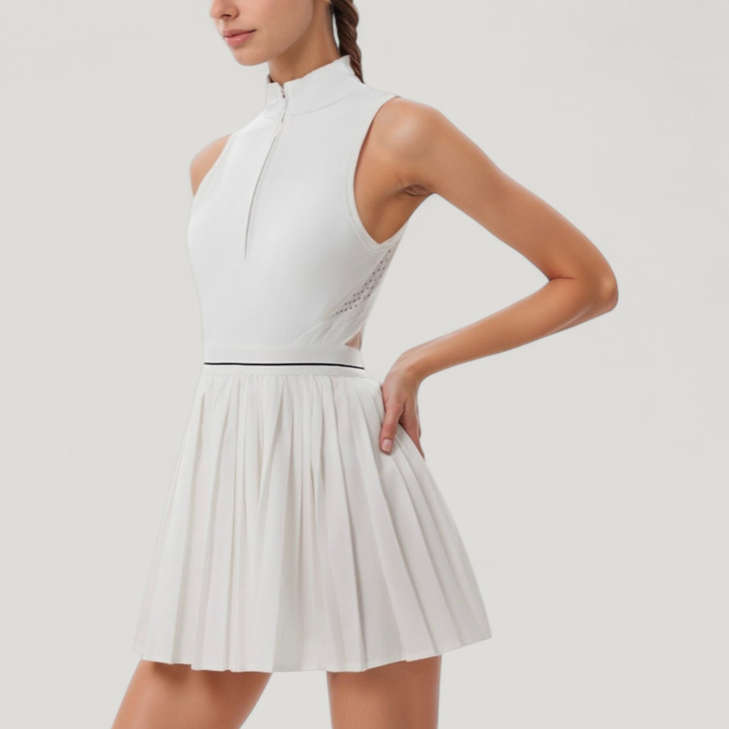 Sleeveless Zip Front High Neck Tennis Dress with Pleated Skirt and Contrast Waist Trim