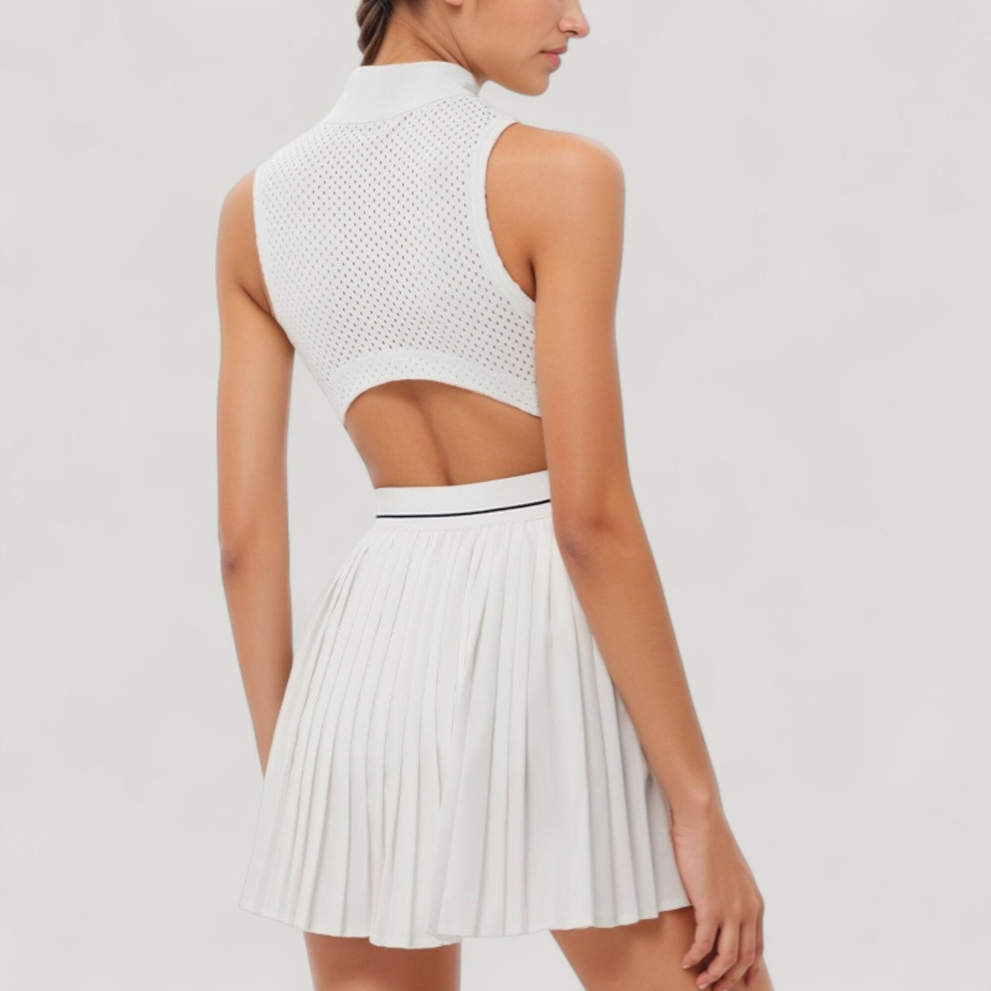 Sleeveless Zip Front High Neck Tennis Dress with Pleated Skirt and Contrast Waist Trim