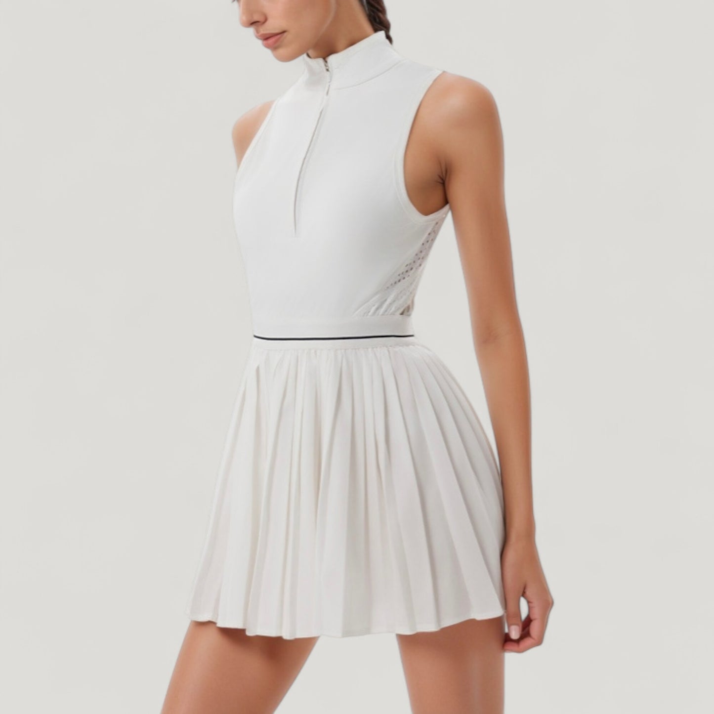 Sleeveless Zip Front High Neck Tennis Dress with Pleated Skirt and Contrast Waist Trim
