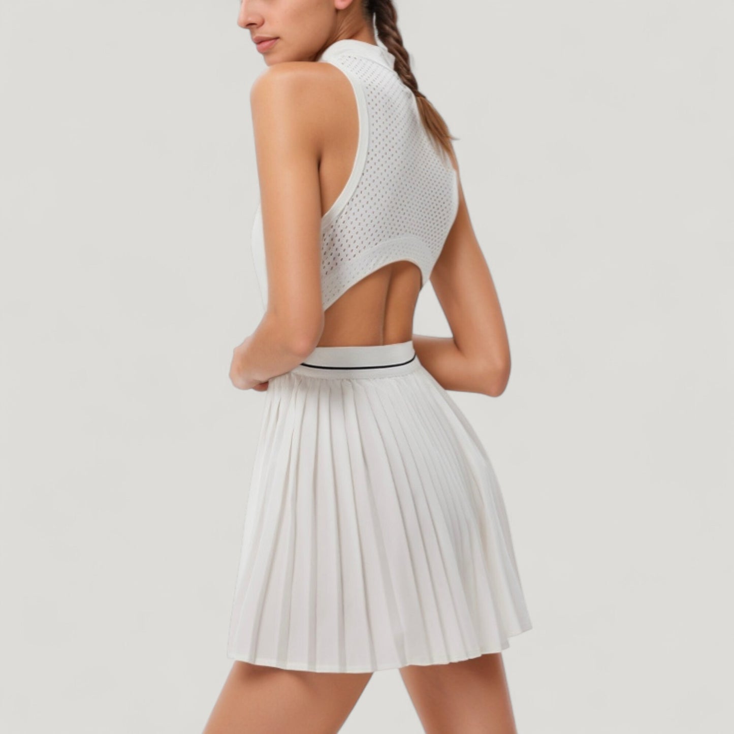 Sleeveless Zip Front High Neck Tennis Dress with Pleated Skirt and Contrast Waist Trim