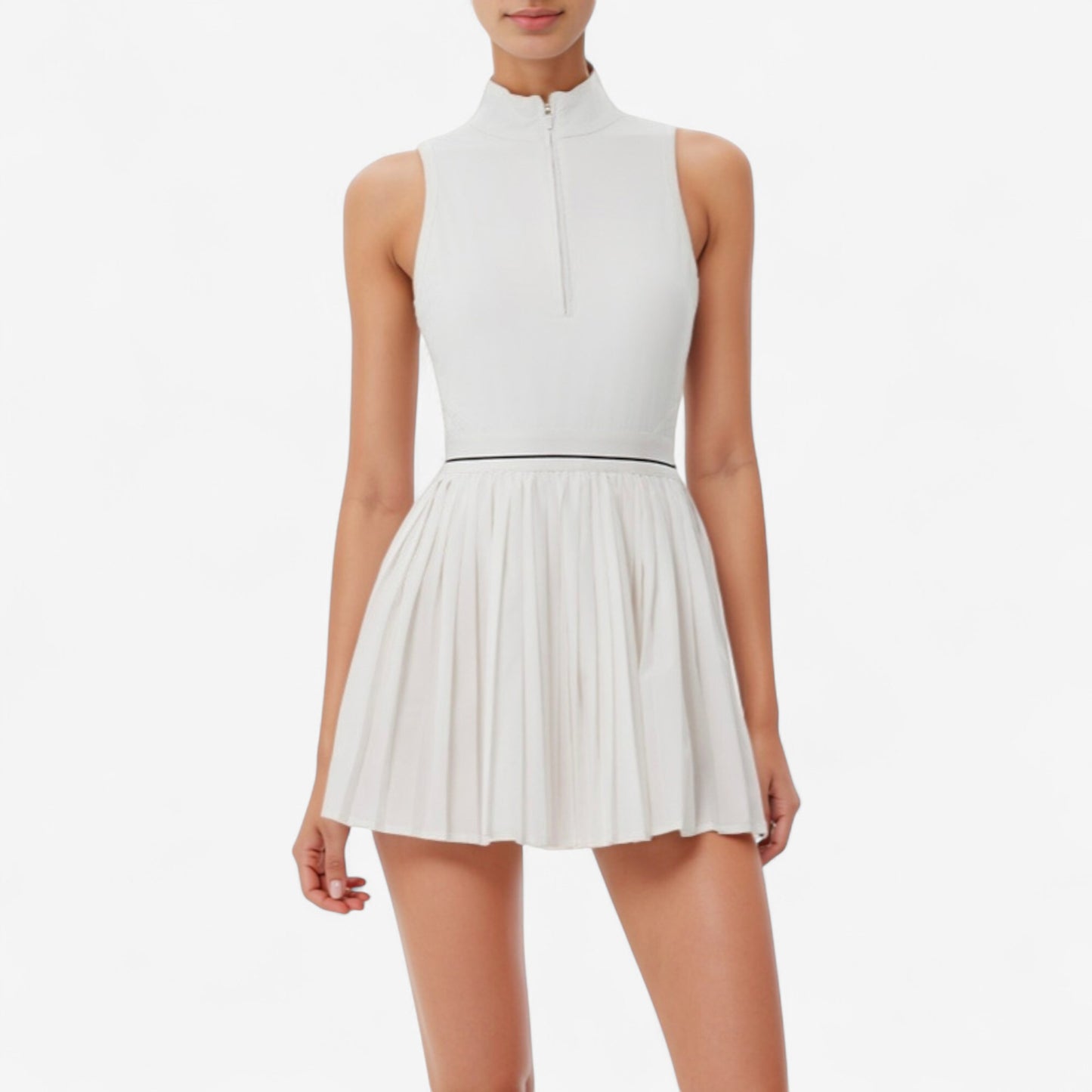 Sleeveless Zip Front High Neck Tennis Dress with Pleated Skirt and Contrast Waist Trim