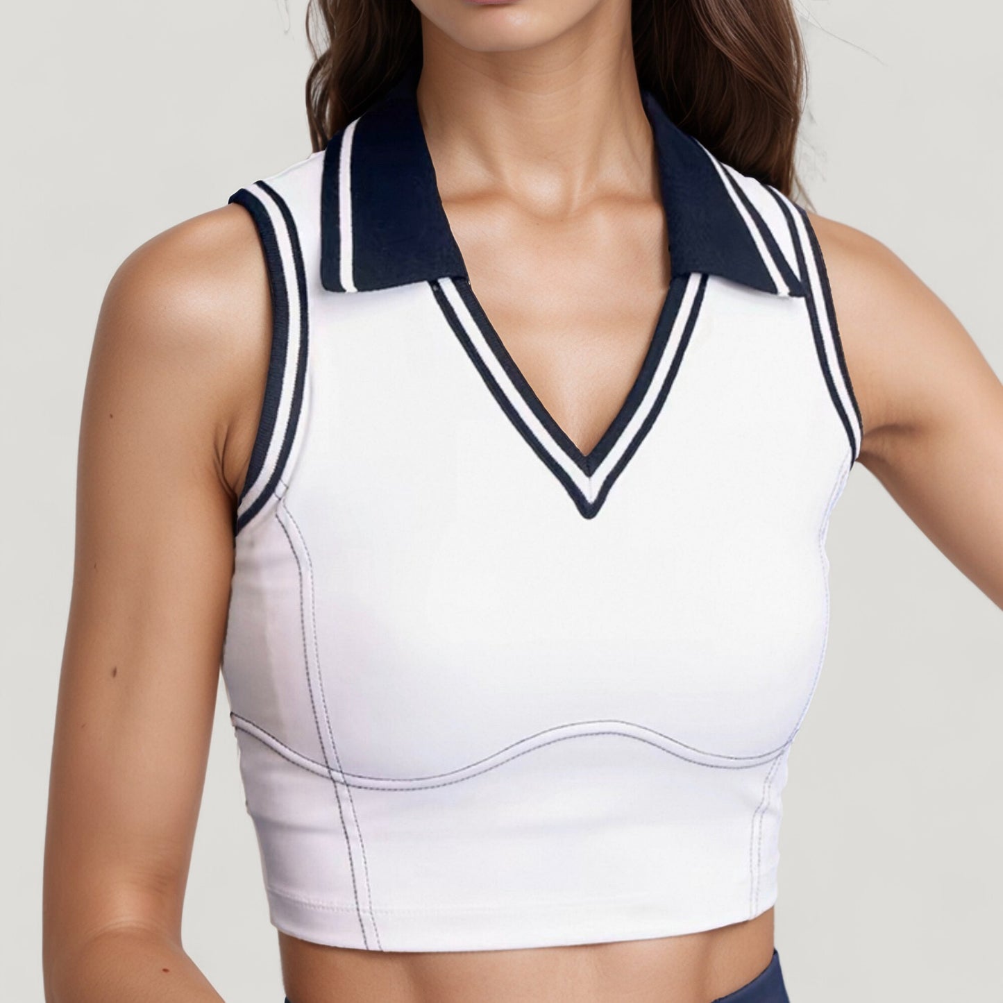 Sleeveless Cropped Tennis Top with Contrast Collar and V-Neckline