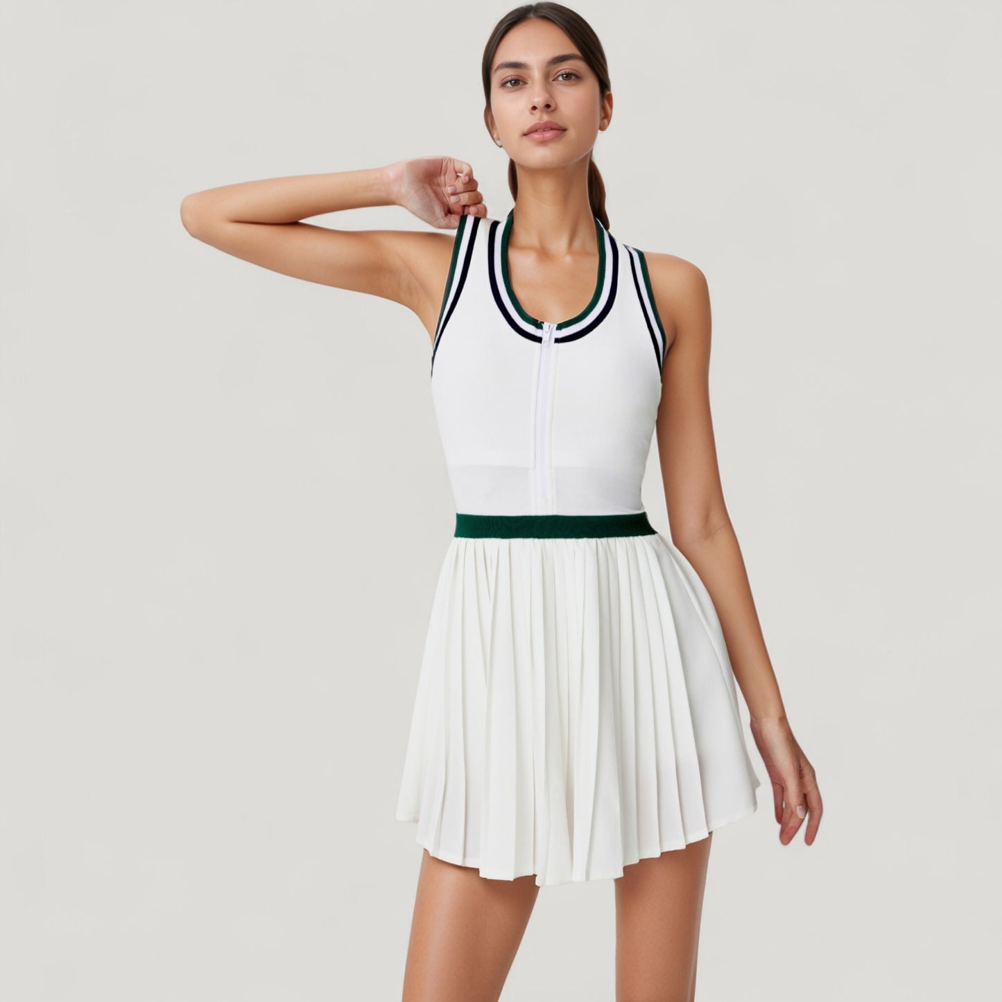 Sleeveless Tennis Dress with Zip Front Contrast Trim Neckline and Pleated Skirt